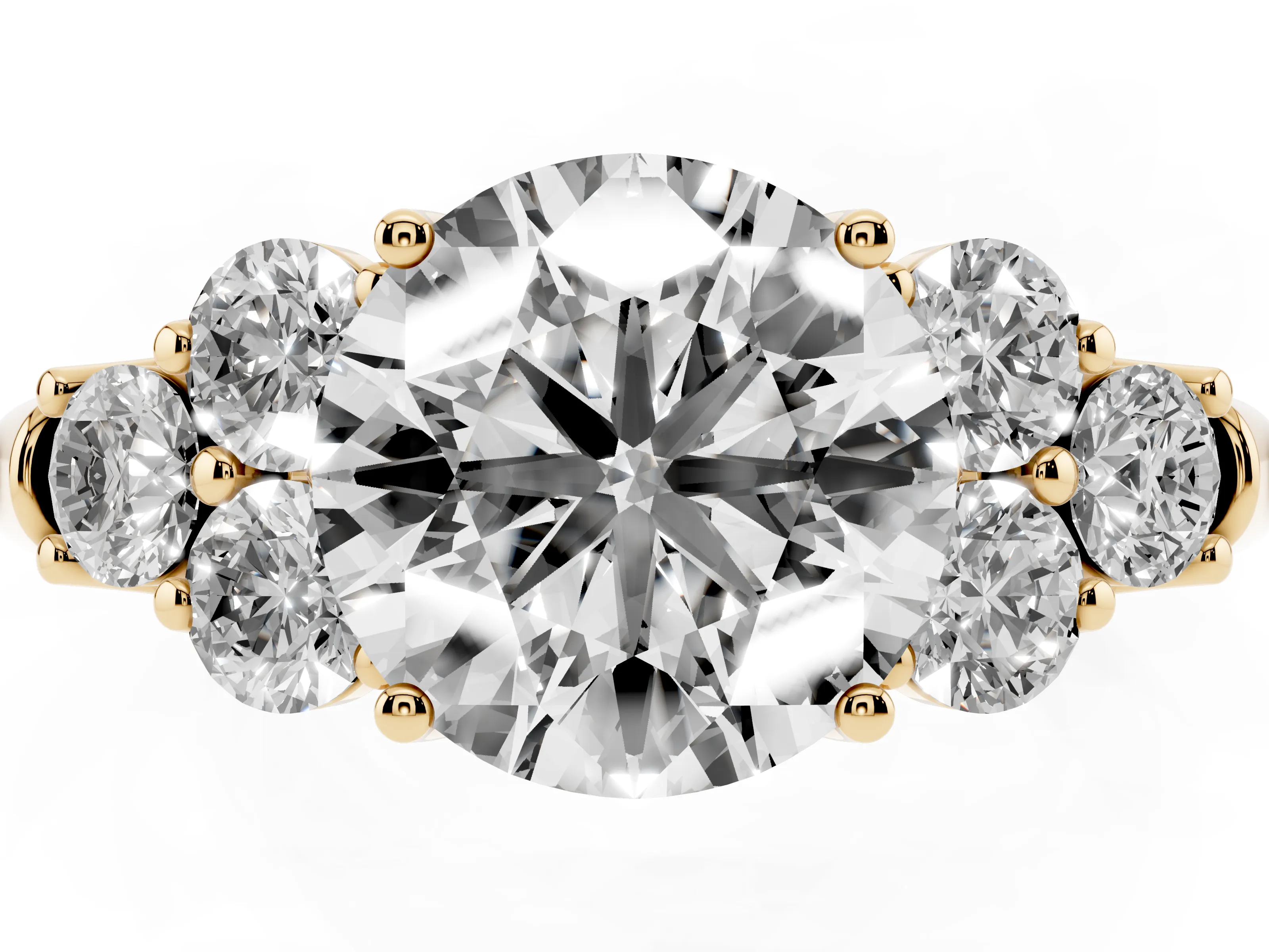 Round Cut Diamond Cluster Ring Set in Yellow gold with Round Accent Stones and Prong Setting on a Plain Band