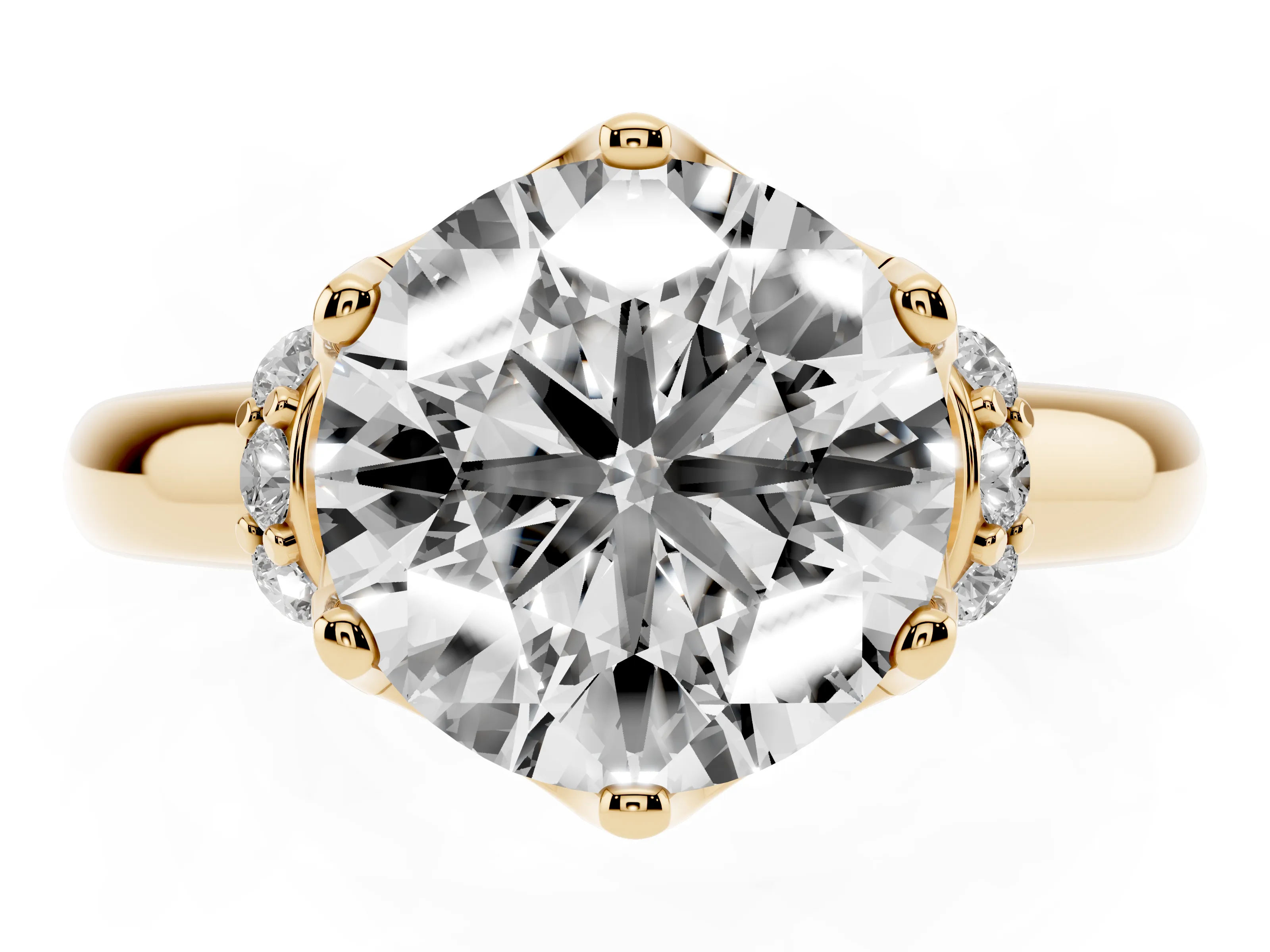 Round Cut Diamond Cathedral Solitaire Engagement Ring Set in Yellow gold with Pavé Accents