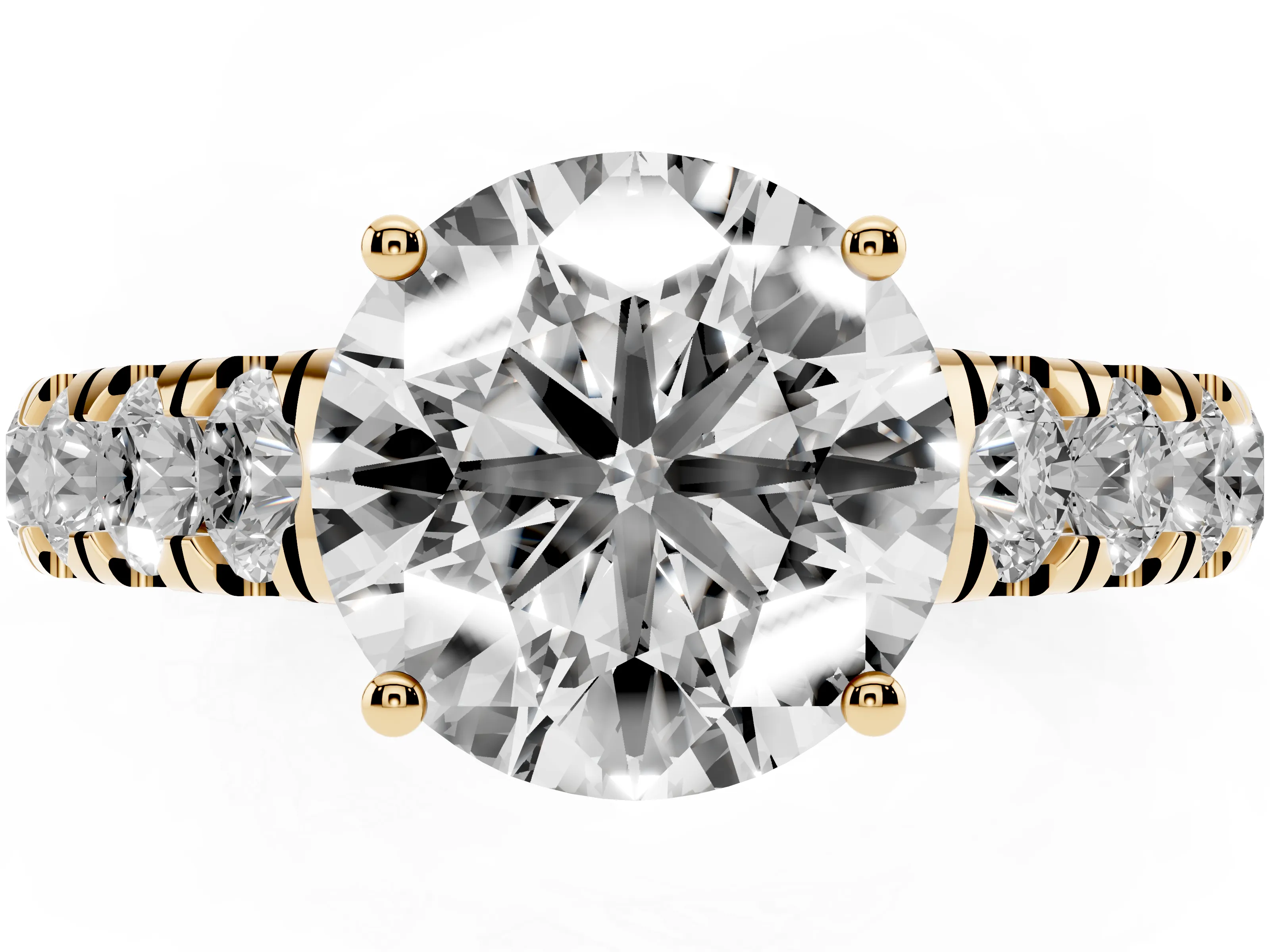 Round Cut Diamond Solitaire Ring Set in Yellow gold with Cut-Down Micro Pavé Band and Prong Setting