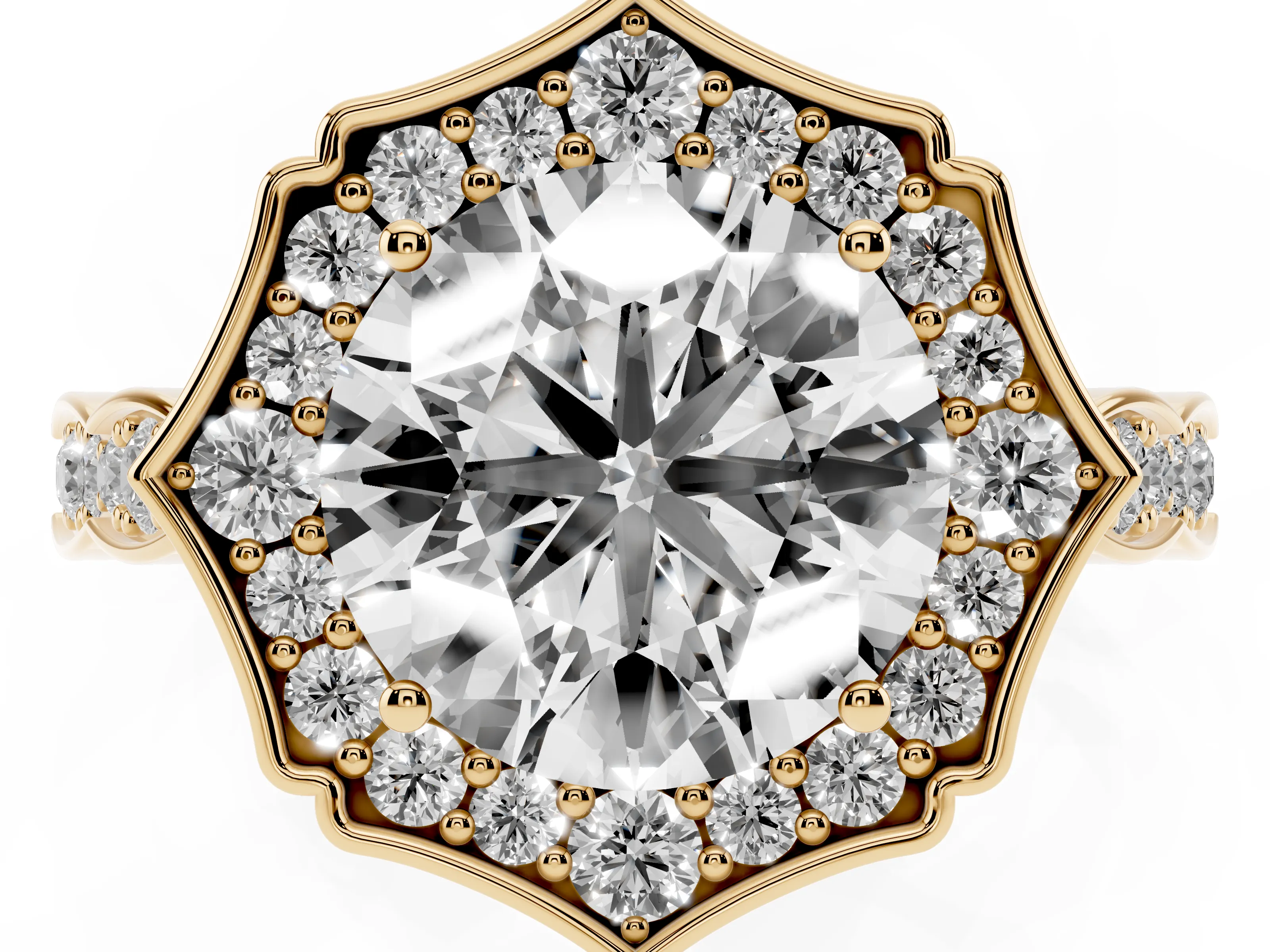 Round Cut Diamond Halo Engagement Ring Set in Yellow gold with Milgrain Band and Prong Setting