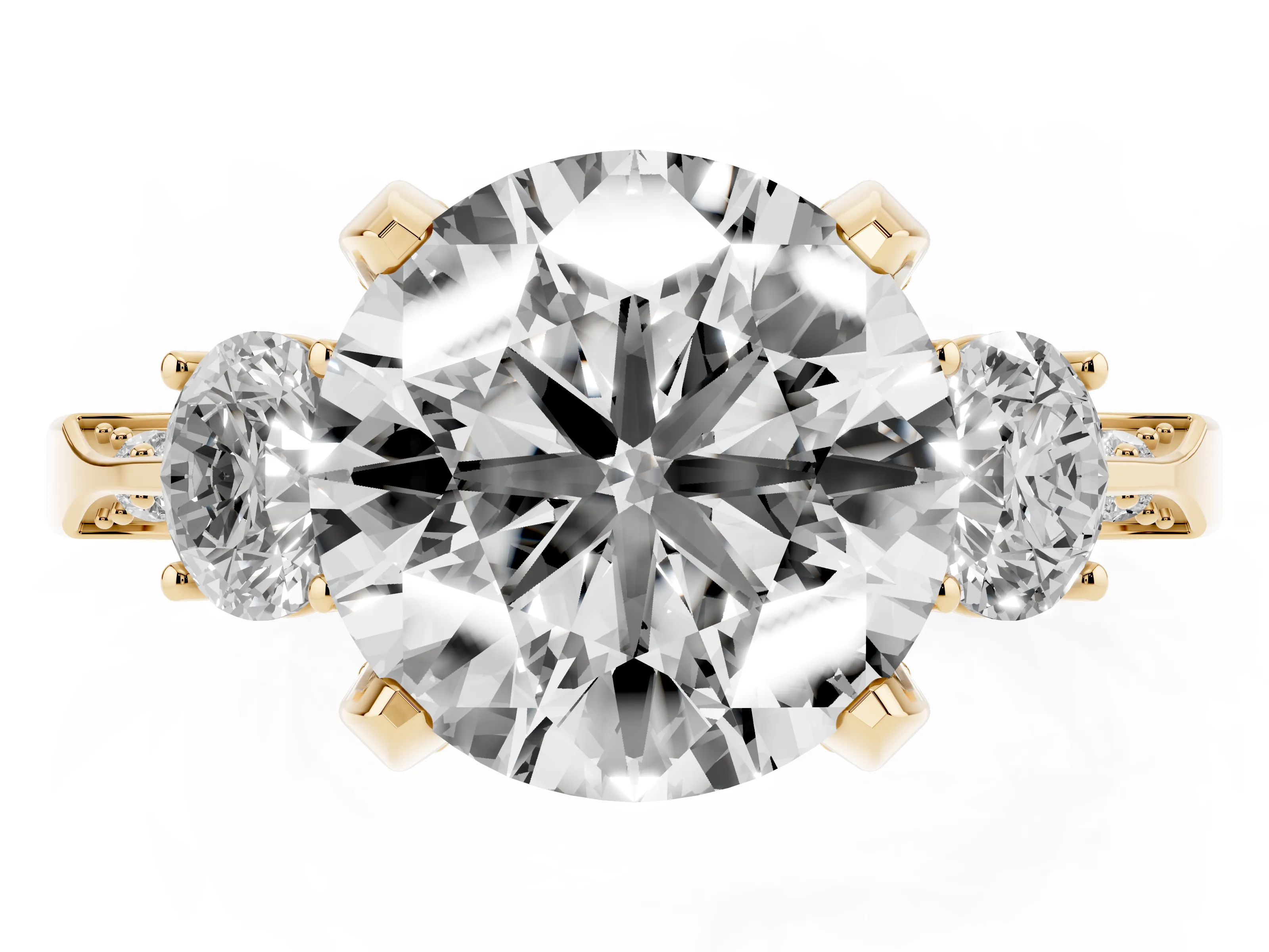 Round Cut Diamond Three-Stone Ring Set in Yellow gold with Pavé Band and Smaller Side Stones