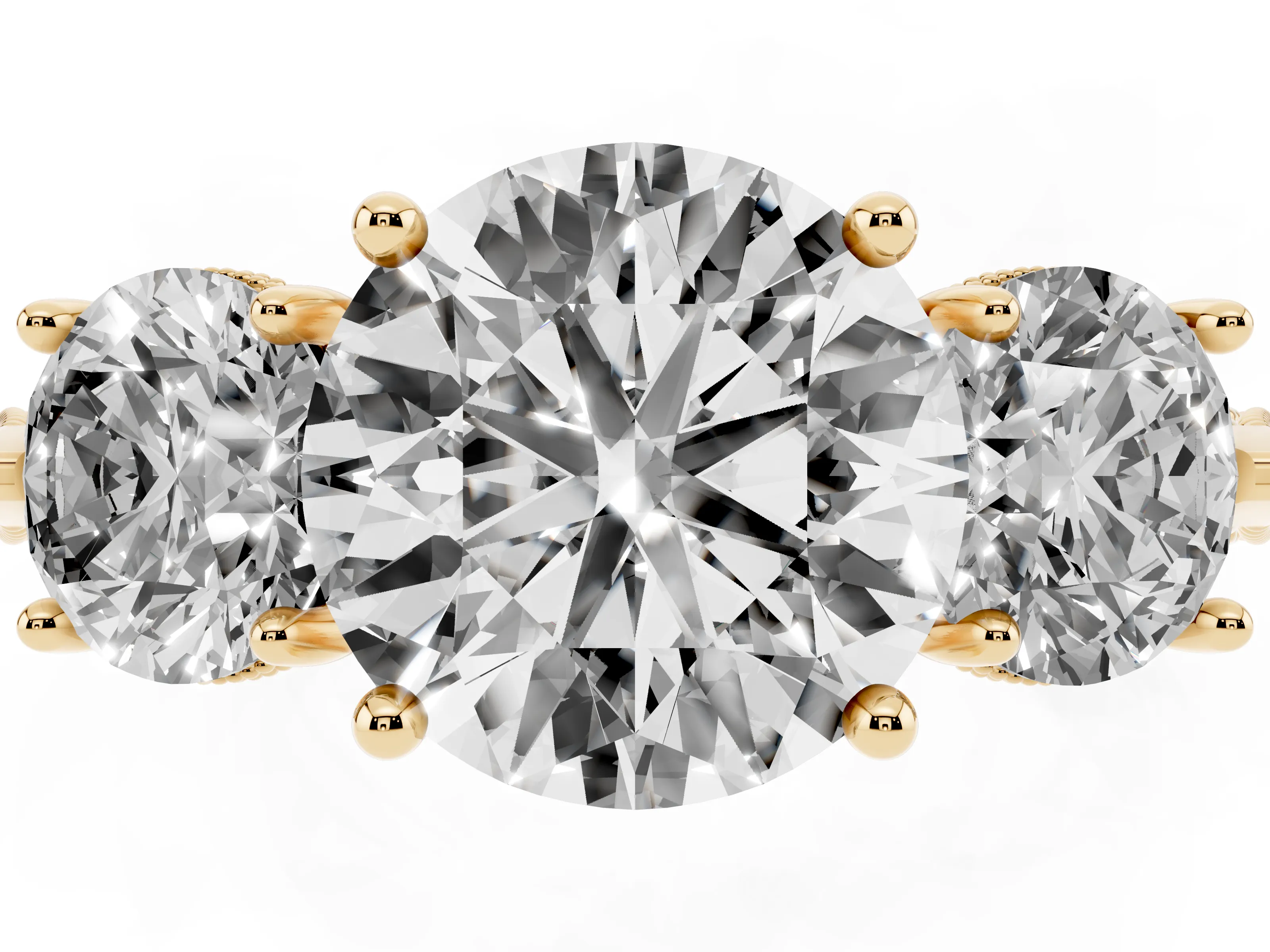 Round Cut Diamond Three-Stone Ring Set in Yellow gold with Milgrain Band