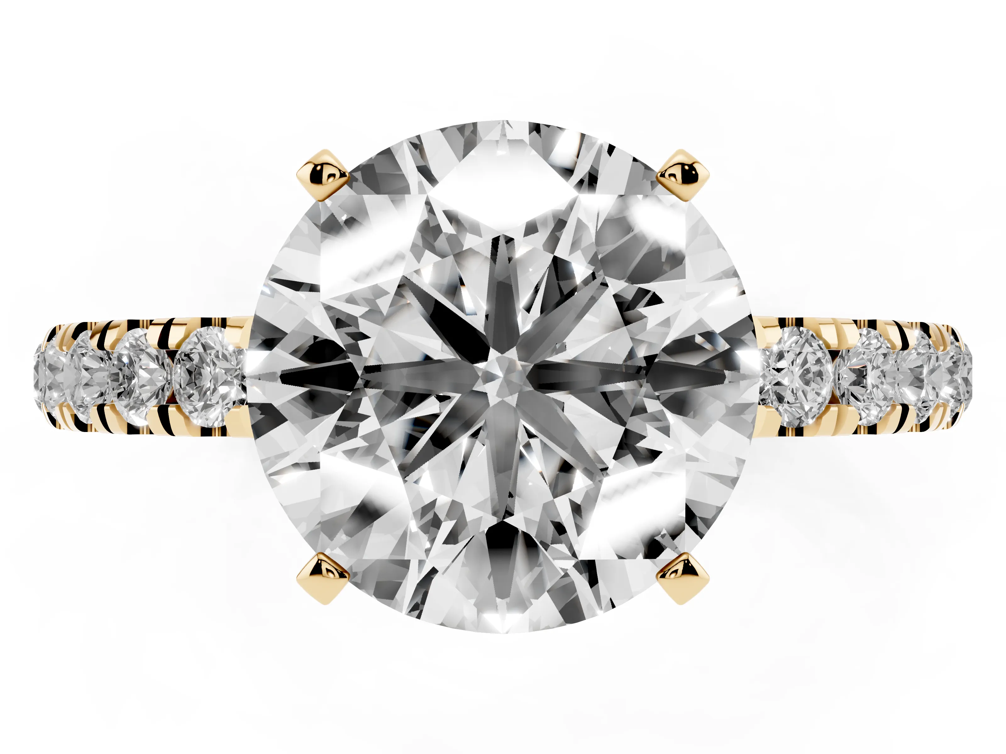 Round Cut Diamond Solitaire Ring Set in Yellow gold with Pavé Accents and Prong Setting