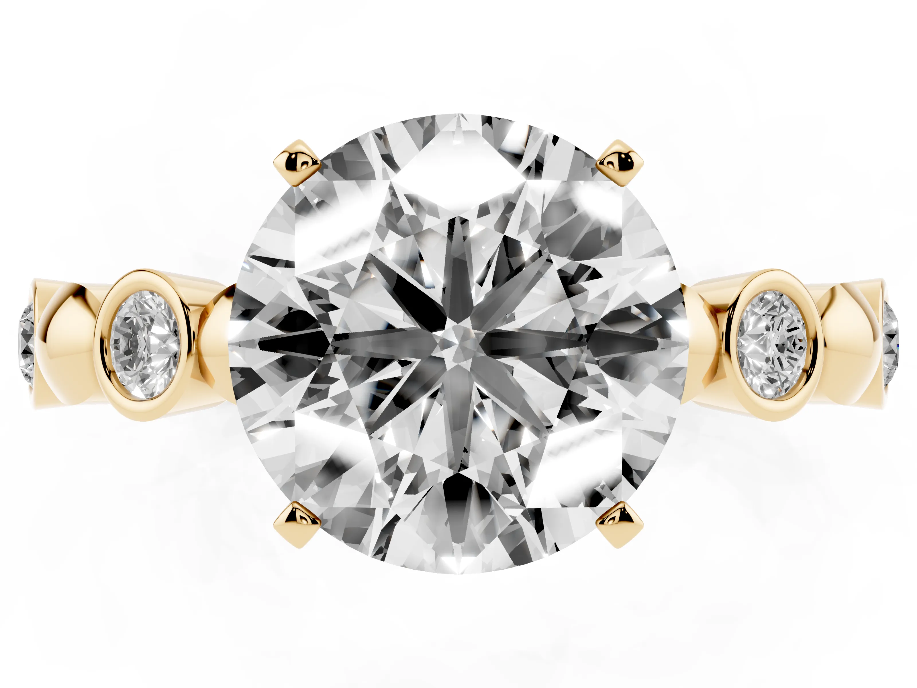 Round Cut Diamond Solitaire Ring Set in Yellow gold with Bezel-Set Accents on Beaded Band and Prong Setting