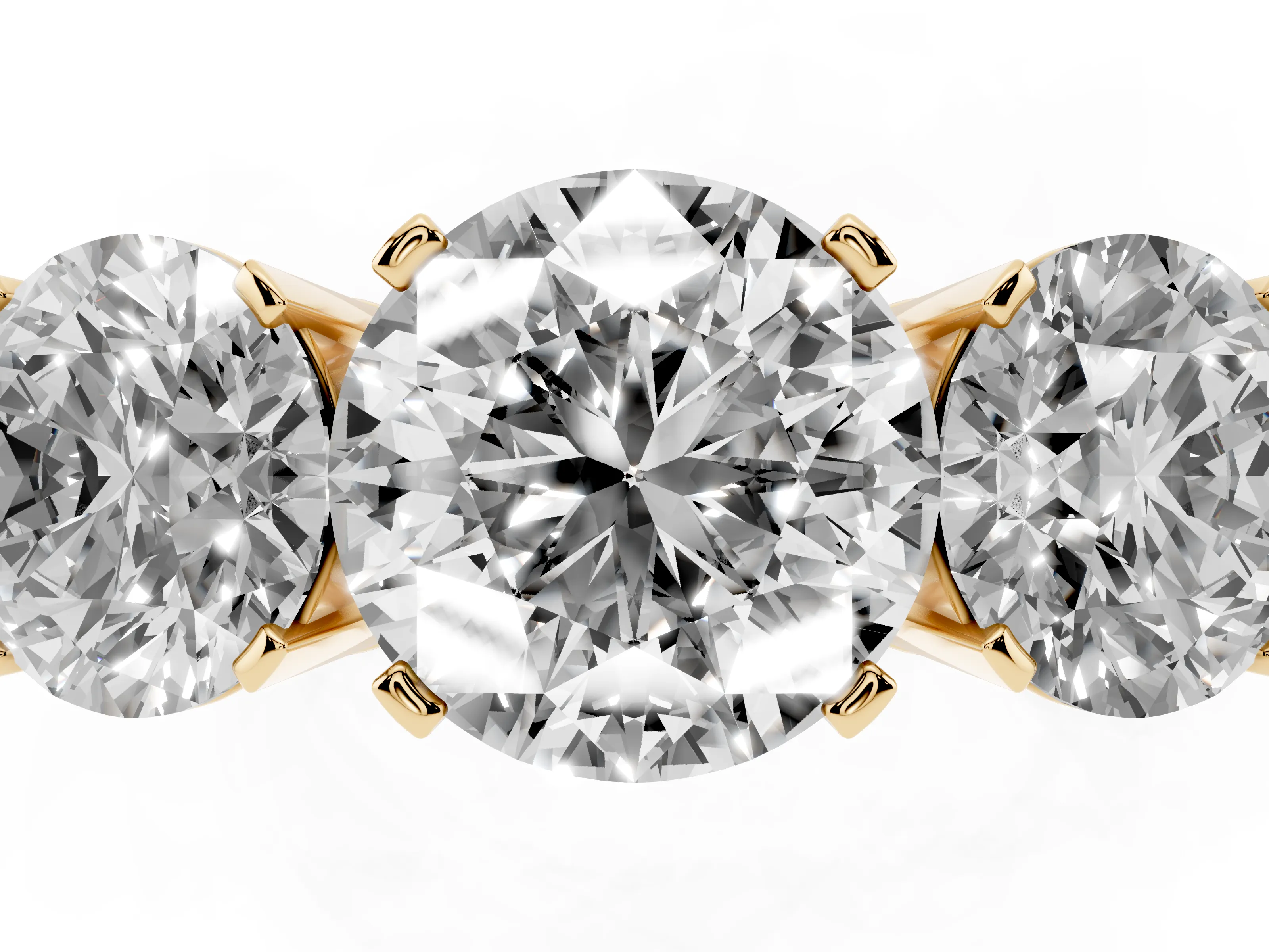 Round Cut Diamond Three-Stone Ring Set in Yellow gold with Channel-Set Band and Prong Settings
