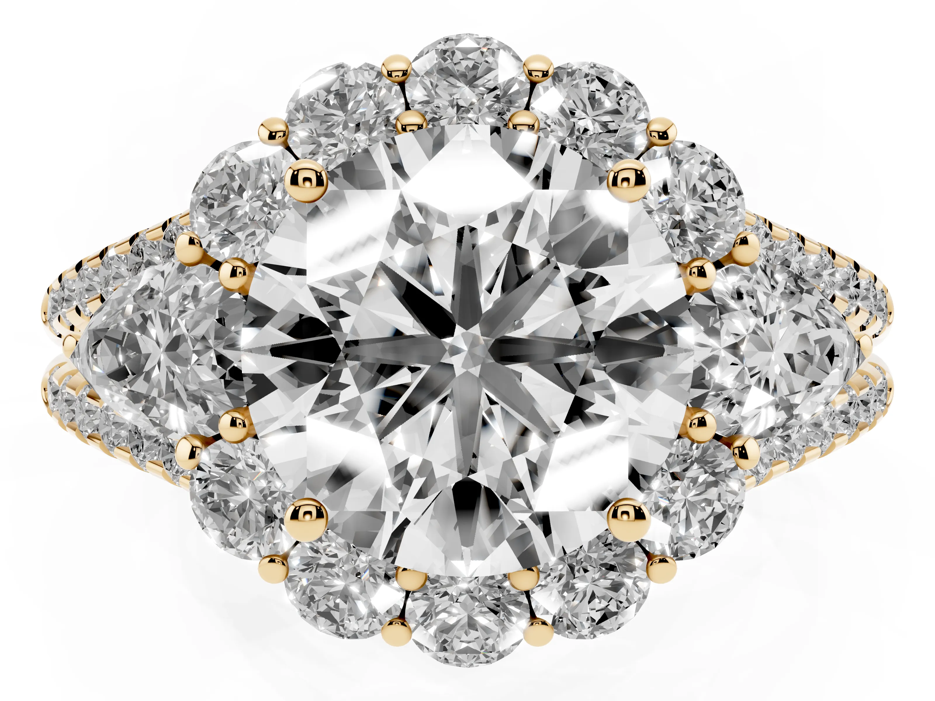Round Cut Diamond Halo Split Shank Engagement Ring Set in Yellow gold with Prong-Held Center Stone