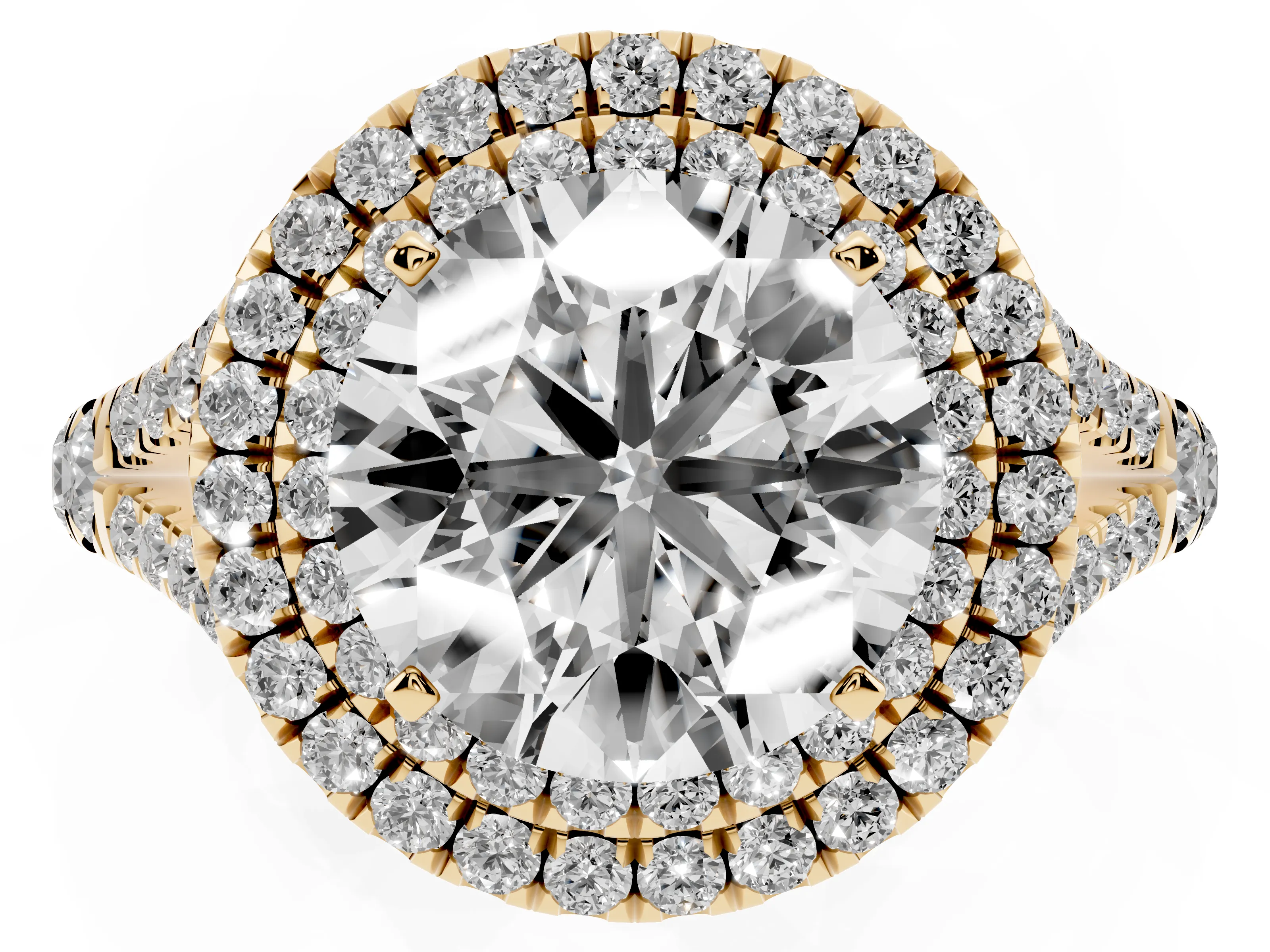 Round Cut Diamond Pavé Split Shank Double Halo Engagement Ring Set in Yellow gold