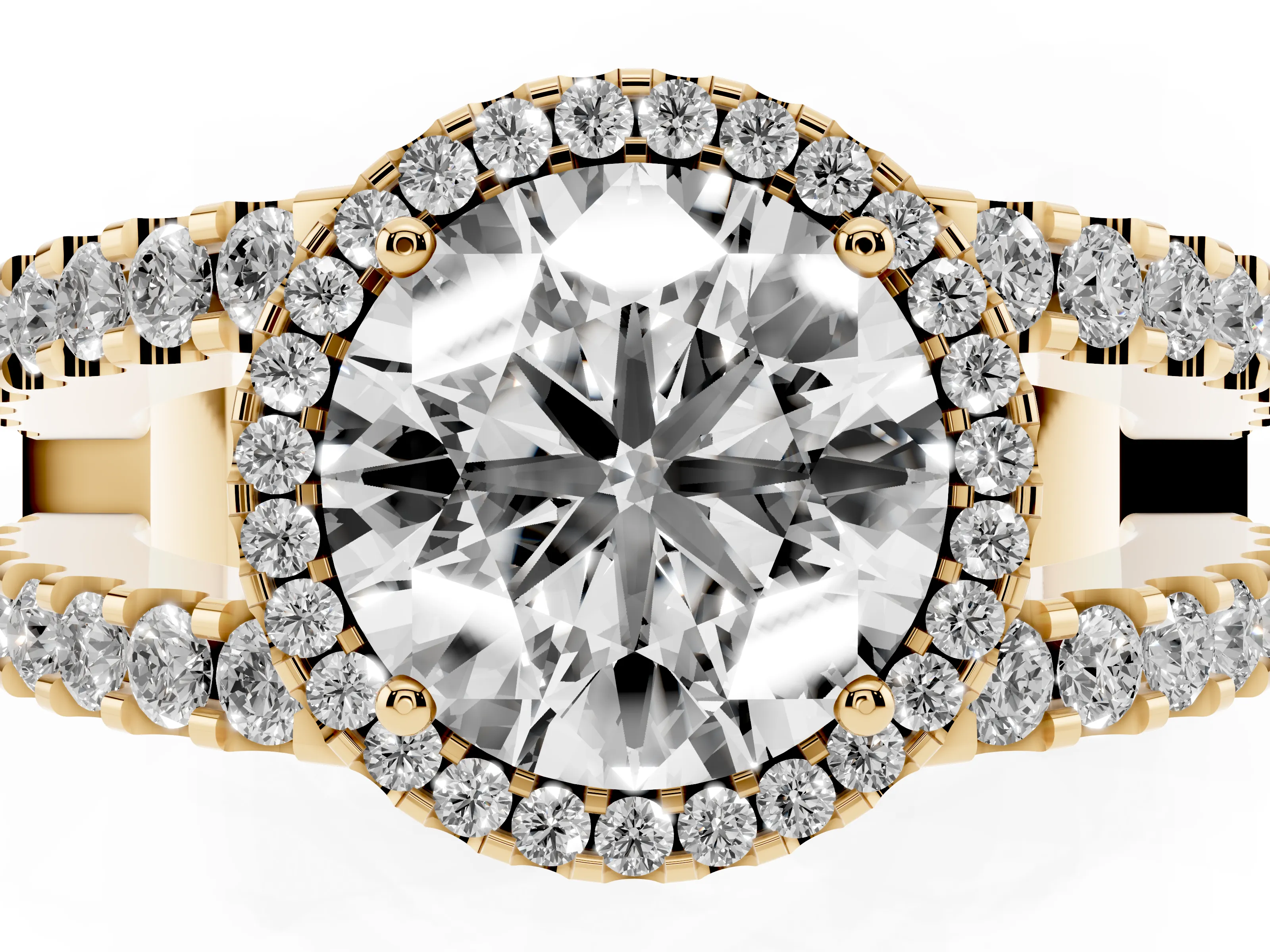 Round Cut Diamond Halo Ring Set in Yellow gold with Pavé Split Shank and Prong Setting