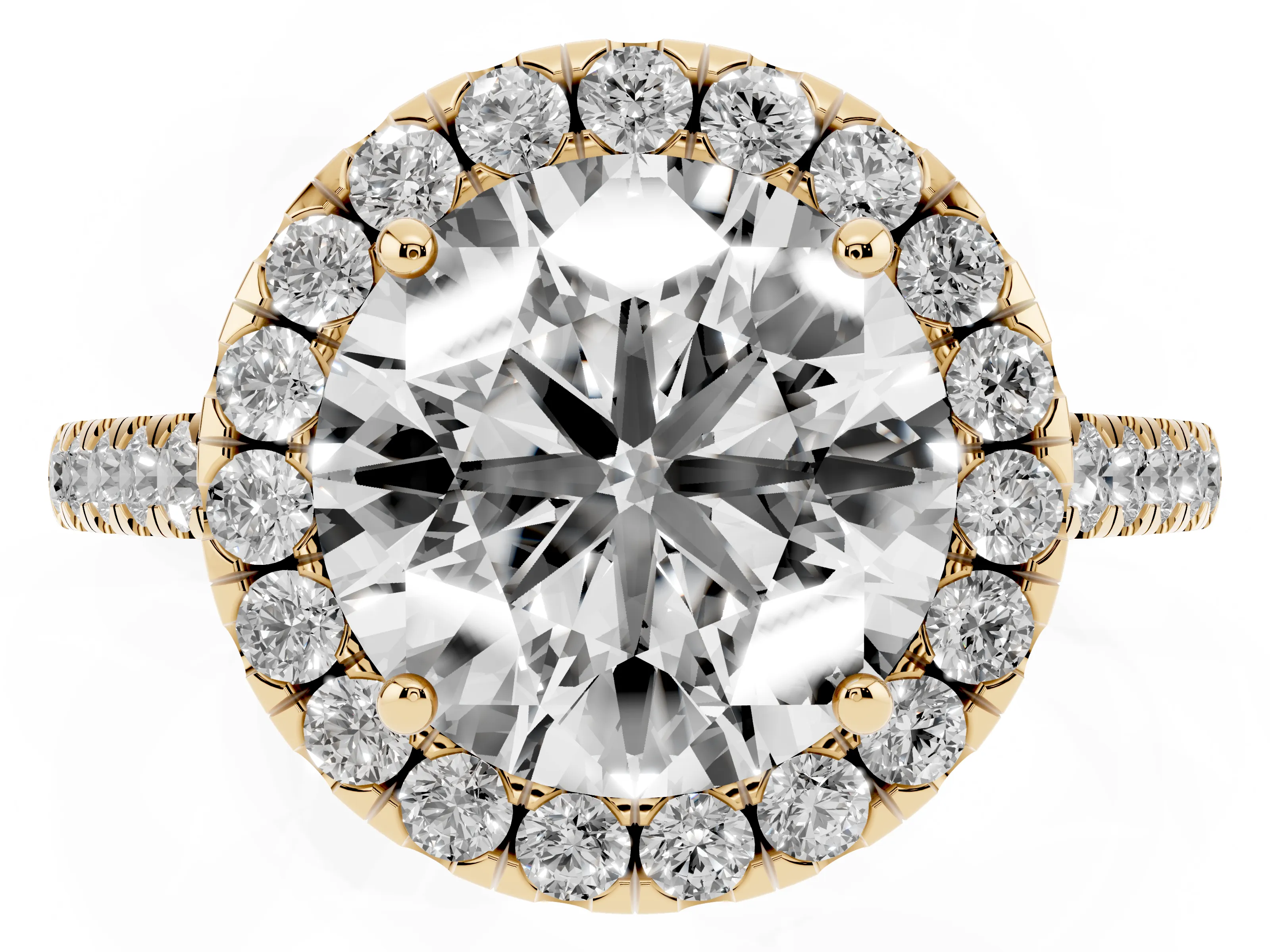 Round Cut Diamond Halo Pavé Engagement Ring Set in Yellow gold with Prong Setting