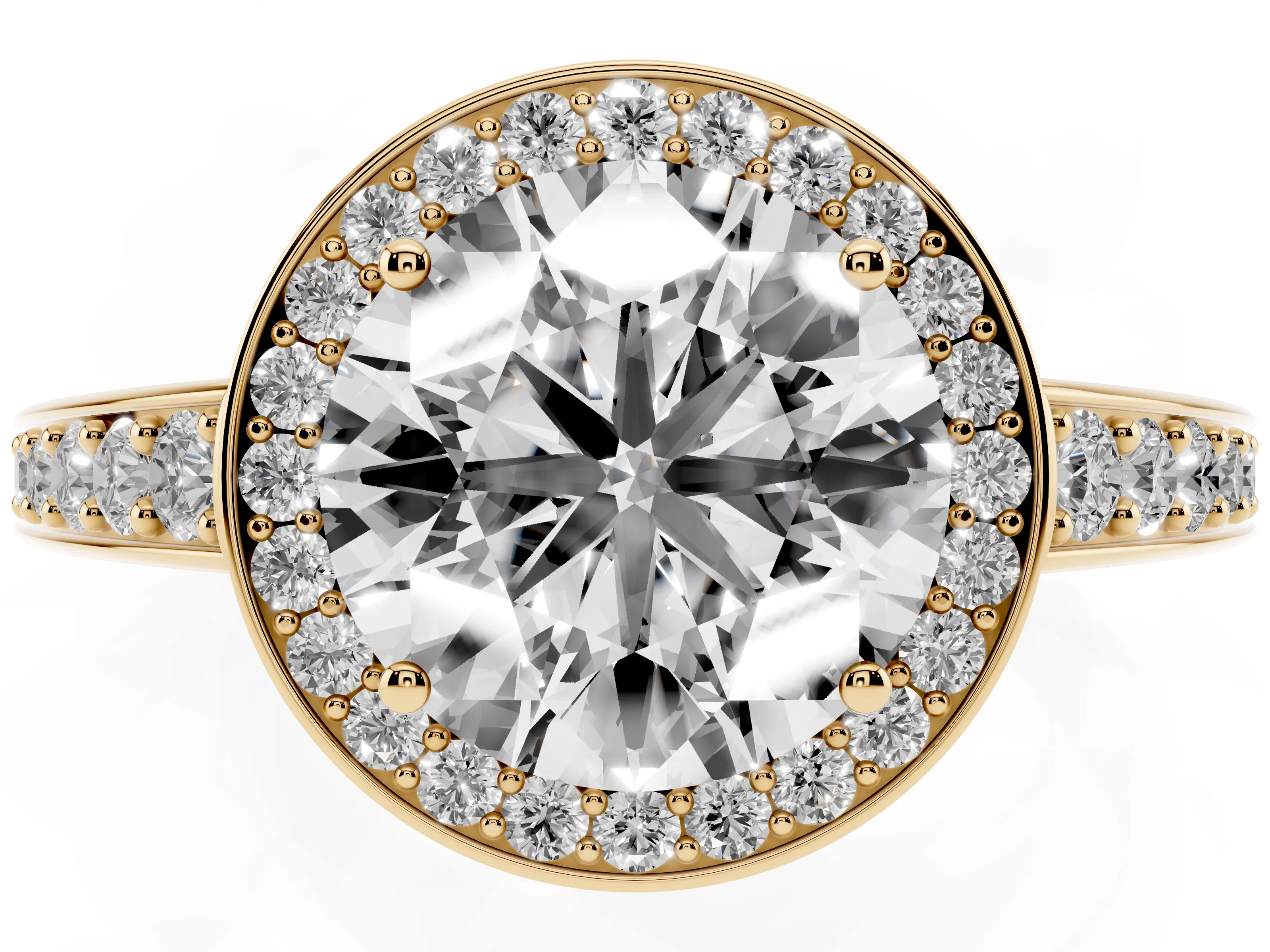 Round Cut Diamond Halo Pavé Engagement Ring Set in Yellow gold with Bezel Setting