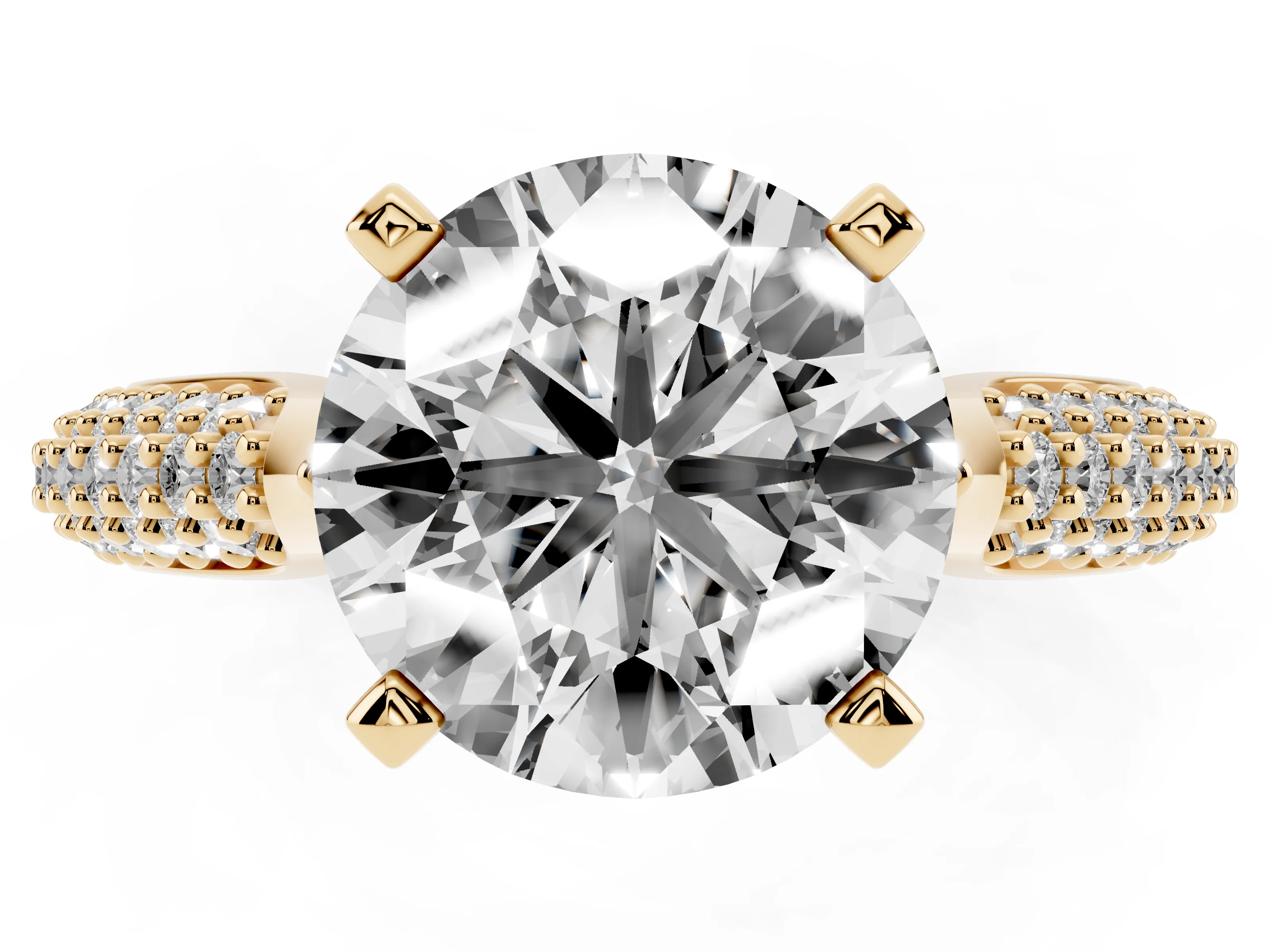Round Cut Diamond Solitaire Engagement Ring Set in Yellow gold with Multi-Row Round Pavé Band and Prong Setting