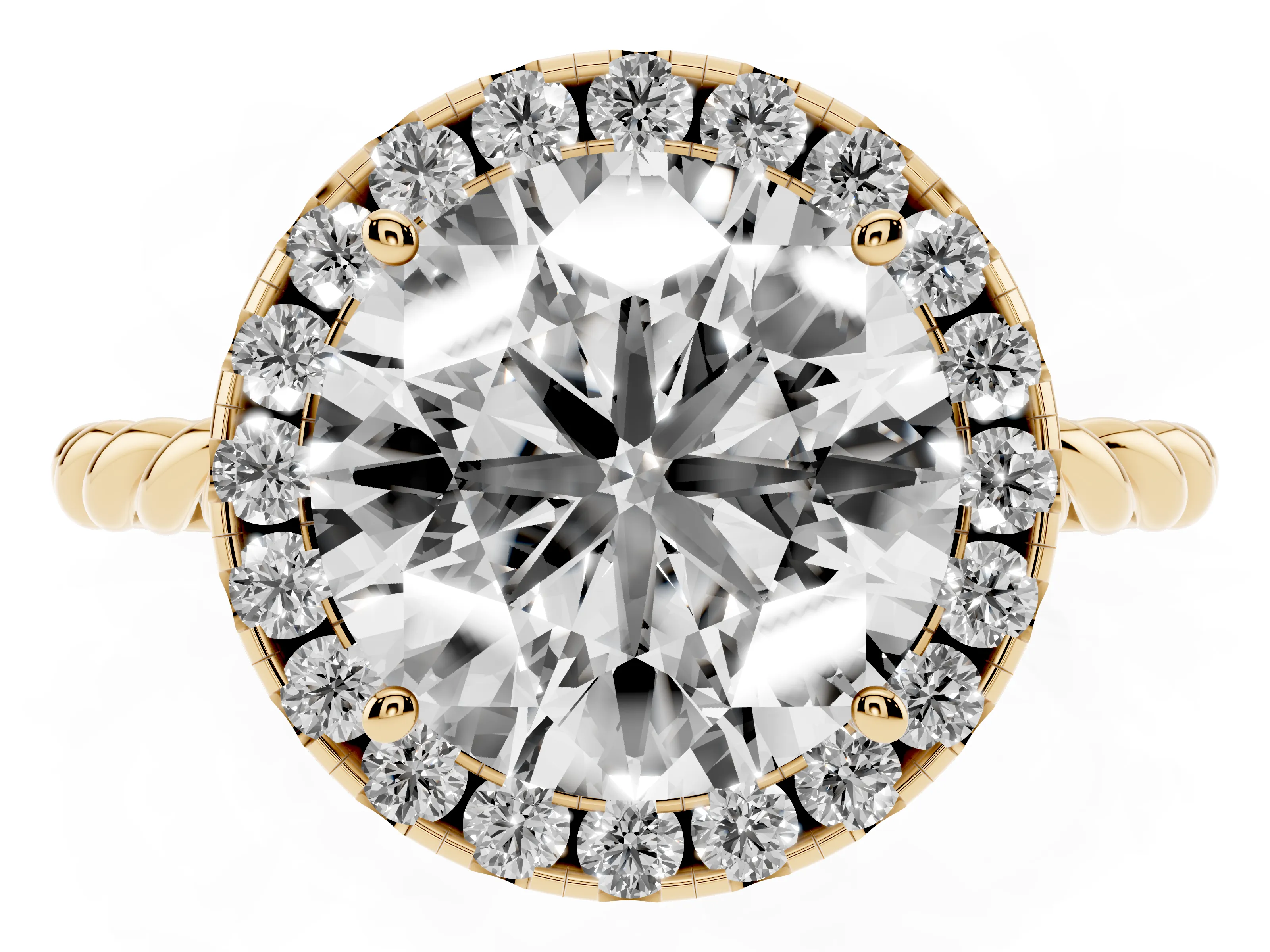 Round Cut Diamond Halo Ring Set in Yellow gold with Plain Twisted Band