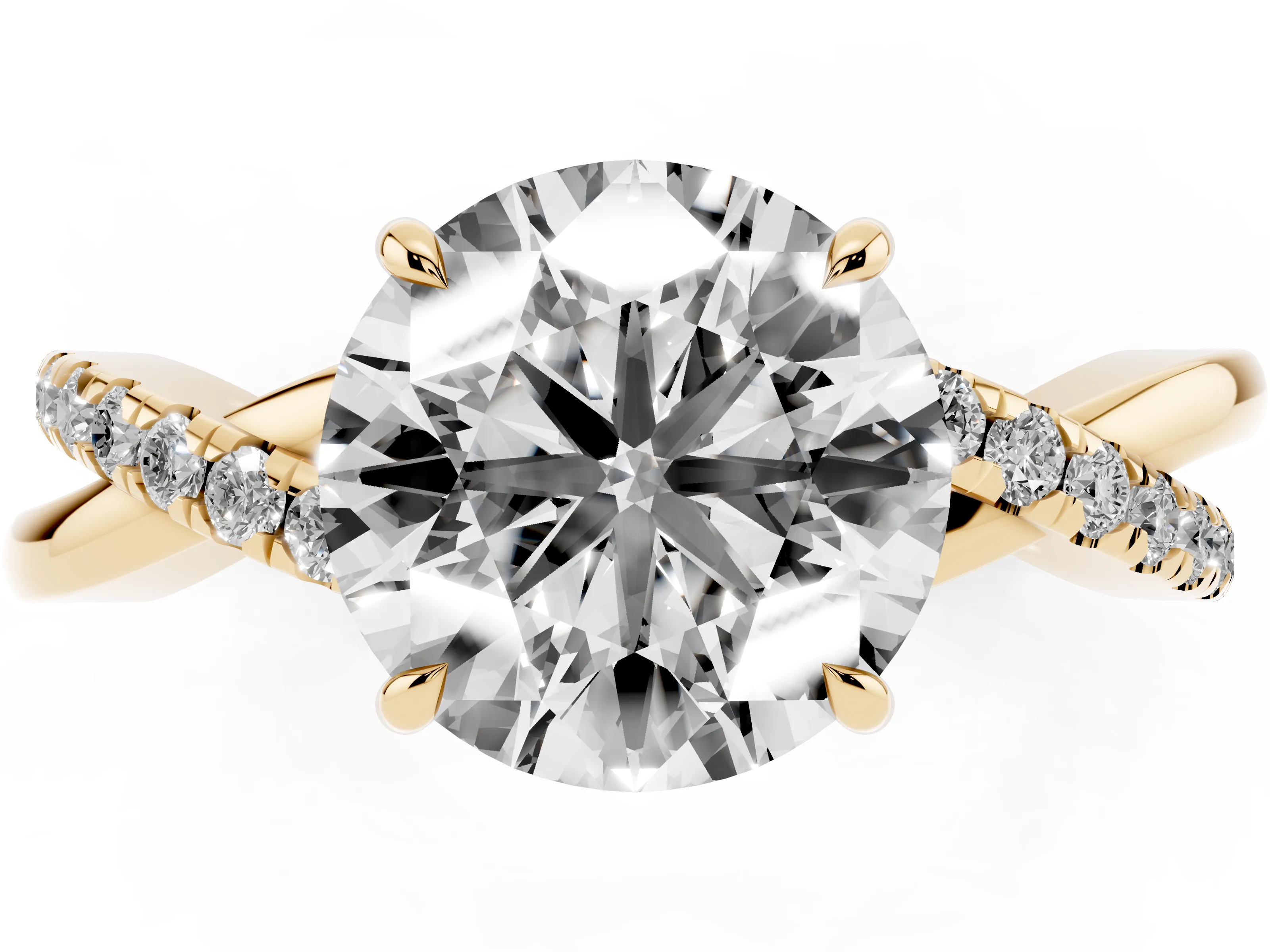 Round Cut Diamond Twisted Pavé Band Ring Set in Yellow gold with Prong Setting