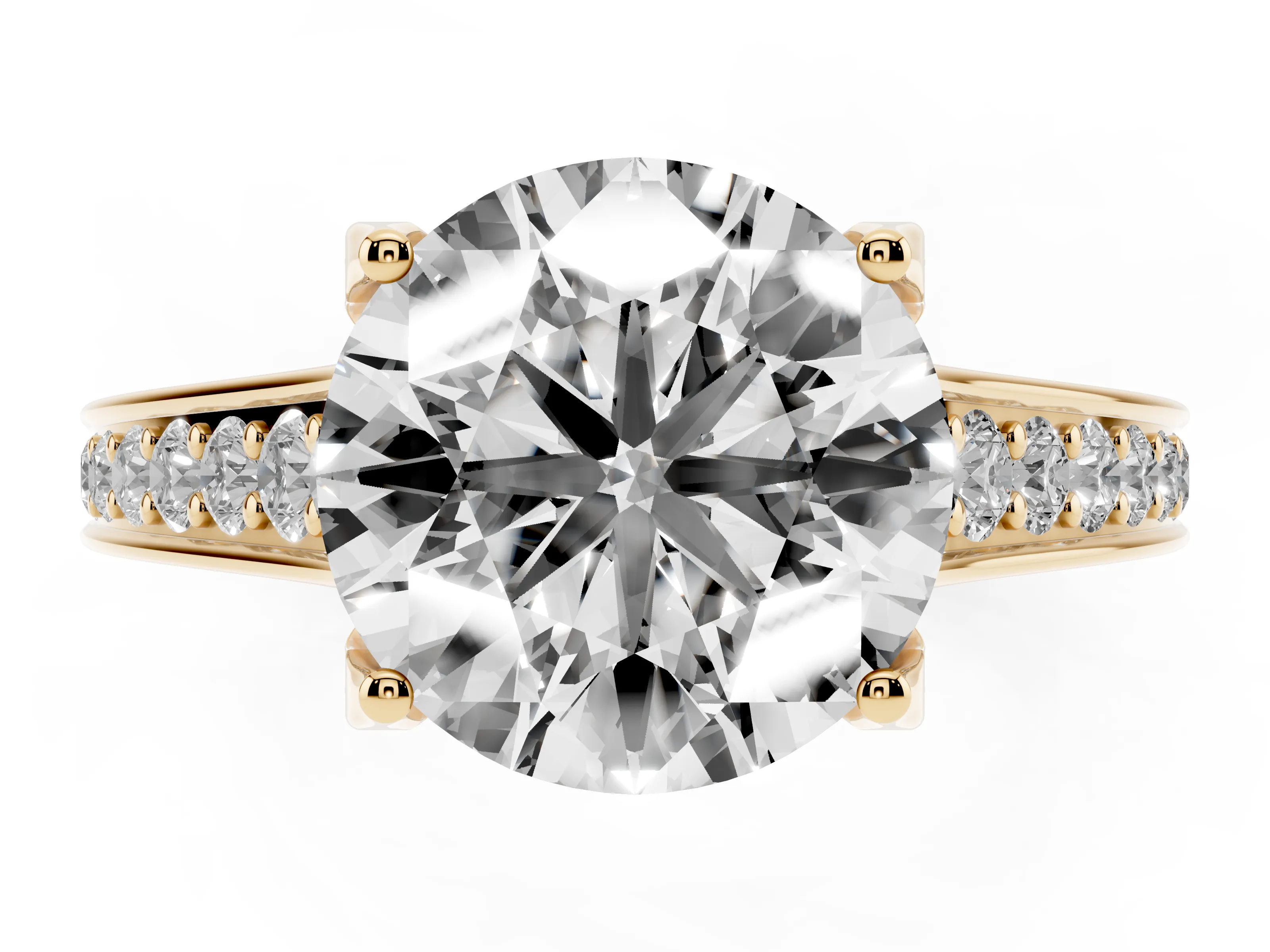 Round Cut Diamond Solitaire Pavé Engagement Ring Set in Yellow gold with Prong Setting