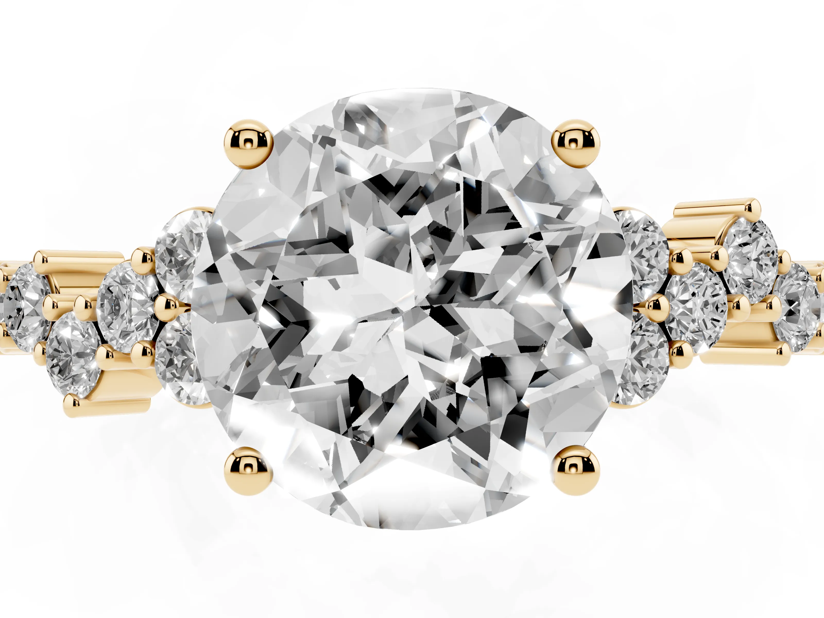Round Cut Diamond Ring Set in Yellow gold with Scattered Round Accents