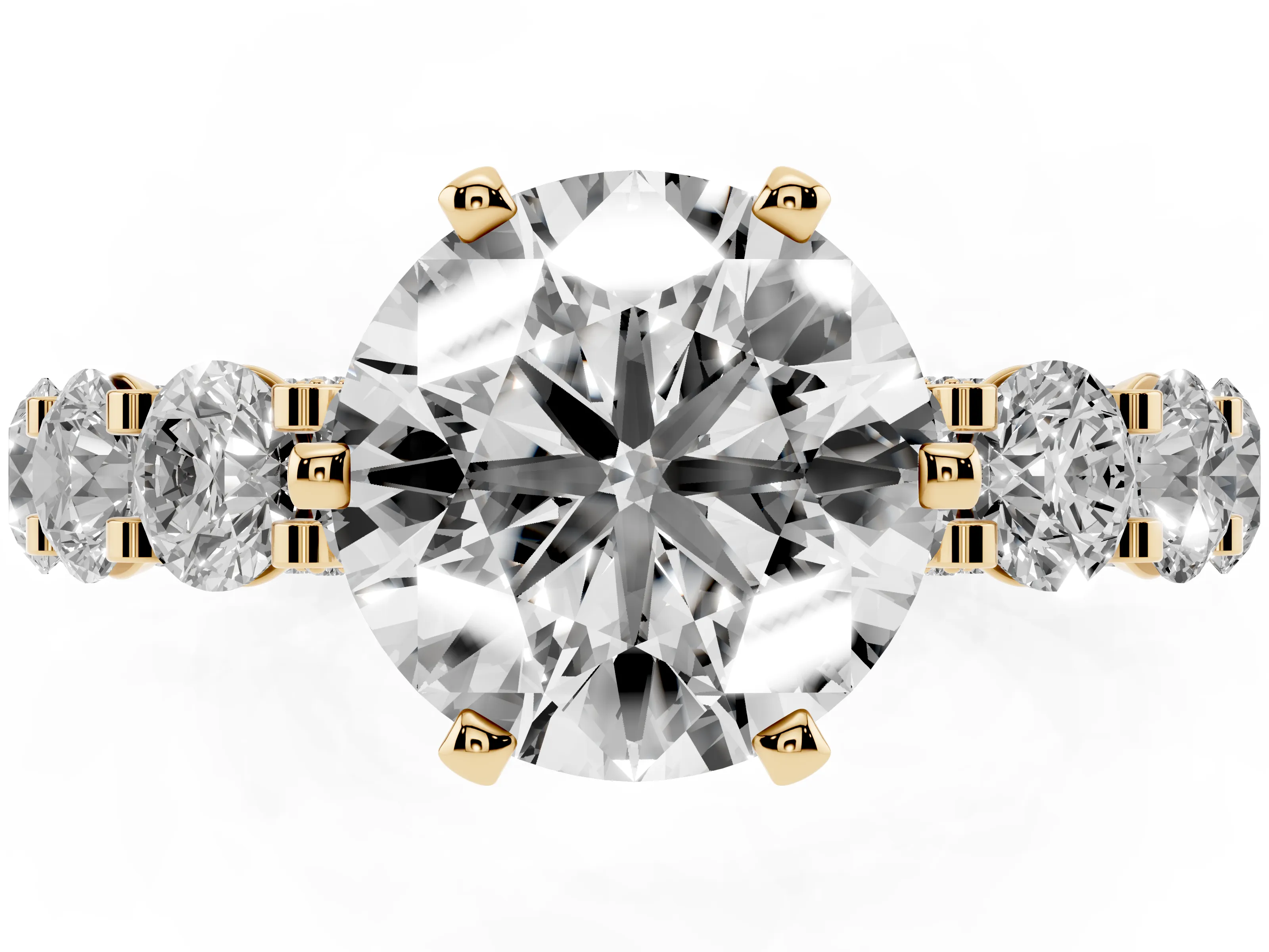 Round Cut Diamond Side Stone Ring Set in Yellow gold with Alternating Round and Oval Side Stones