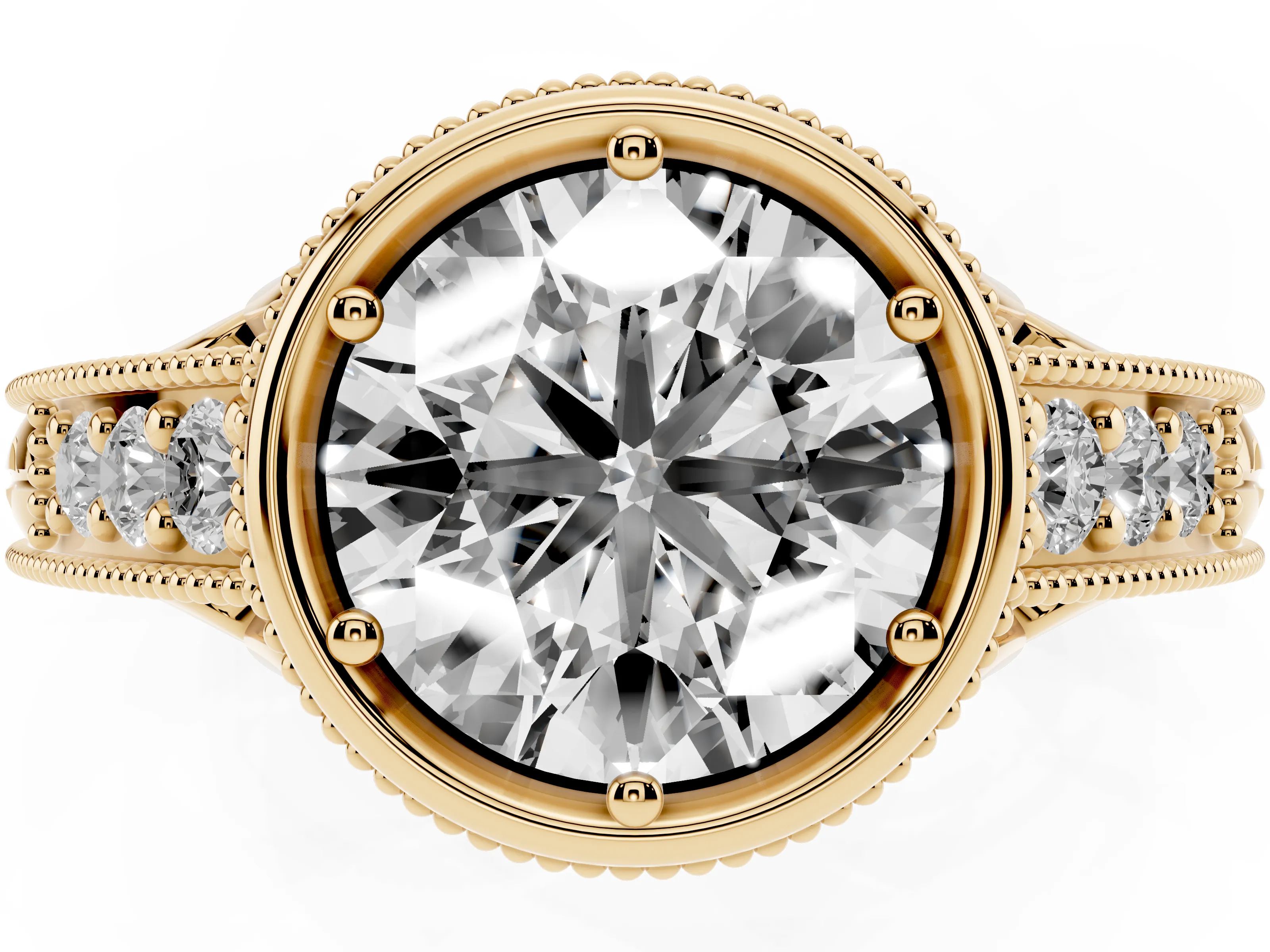 Bezel Set Round Cut Diamond Milgrain Pavé Engagement Ring Set in Yellow gold