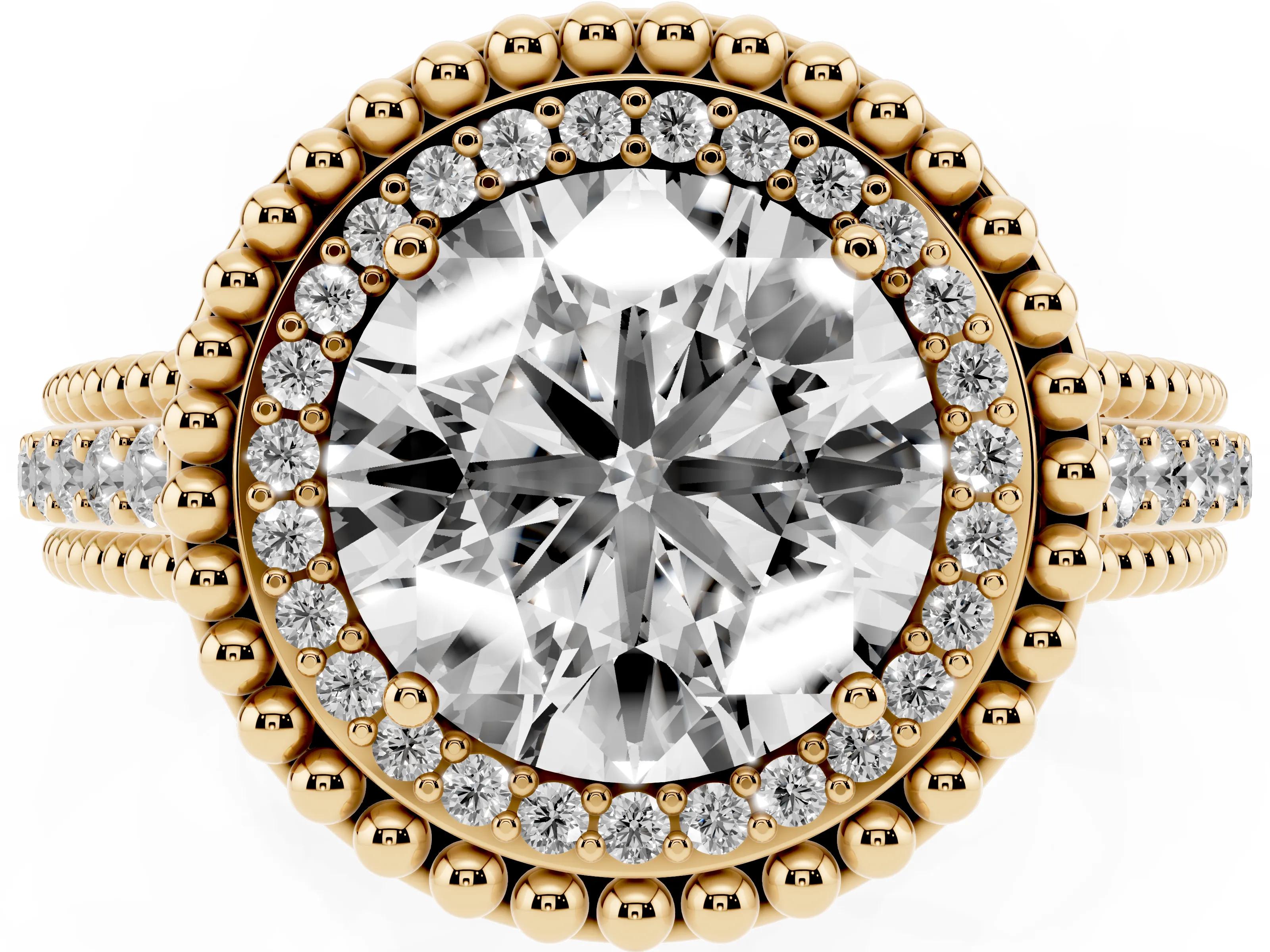 Round Cut Diamond Halo Ring Set in Yellow gold with Beaded Split Shank and Prong Setting