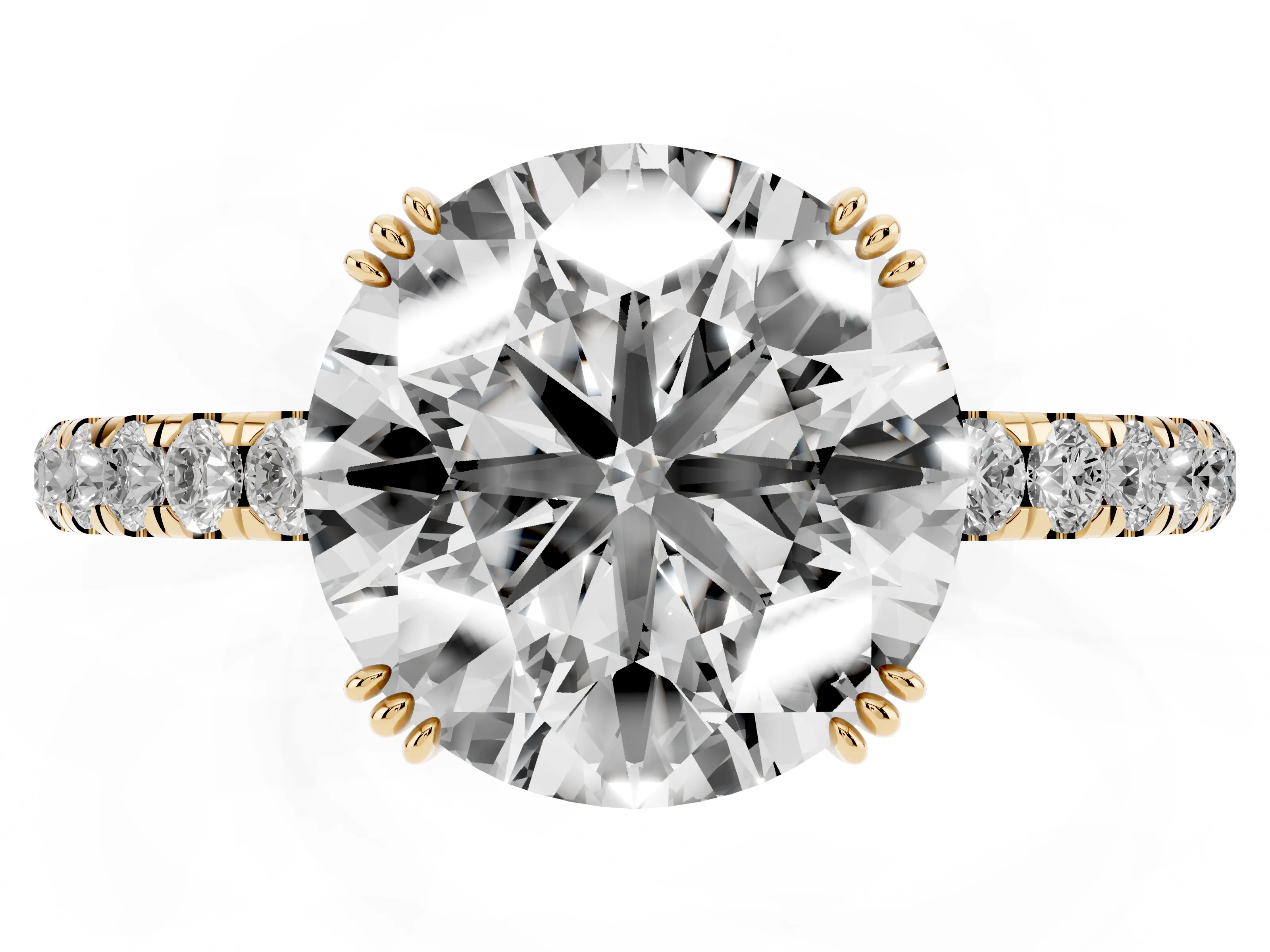 Round Cut Diamond Brilliant Solitaire Set in Yellow gold with Pavé Band and Claw Prong Setting