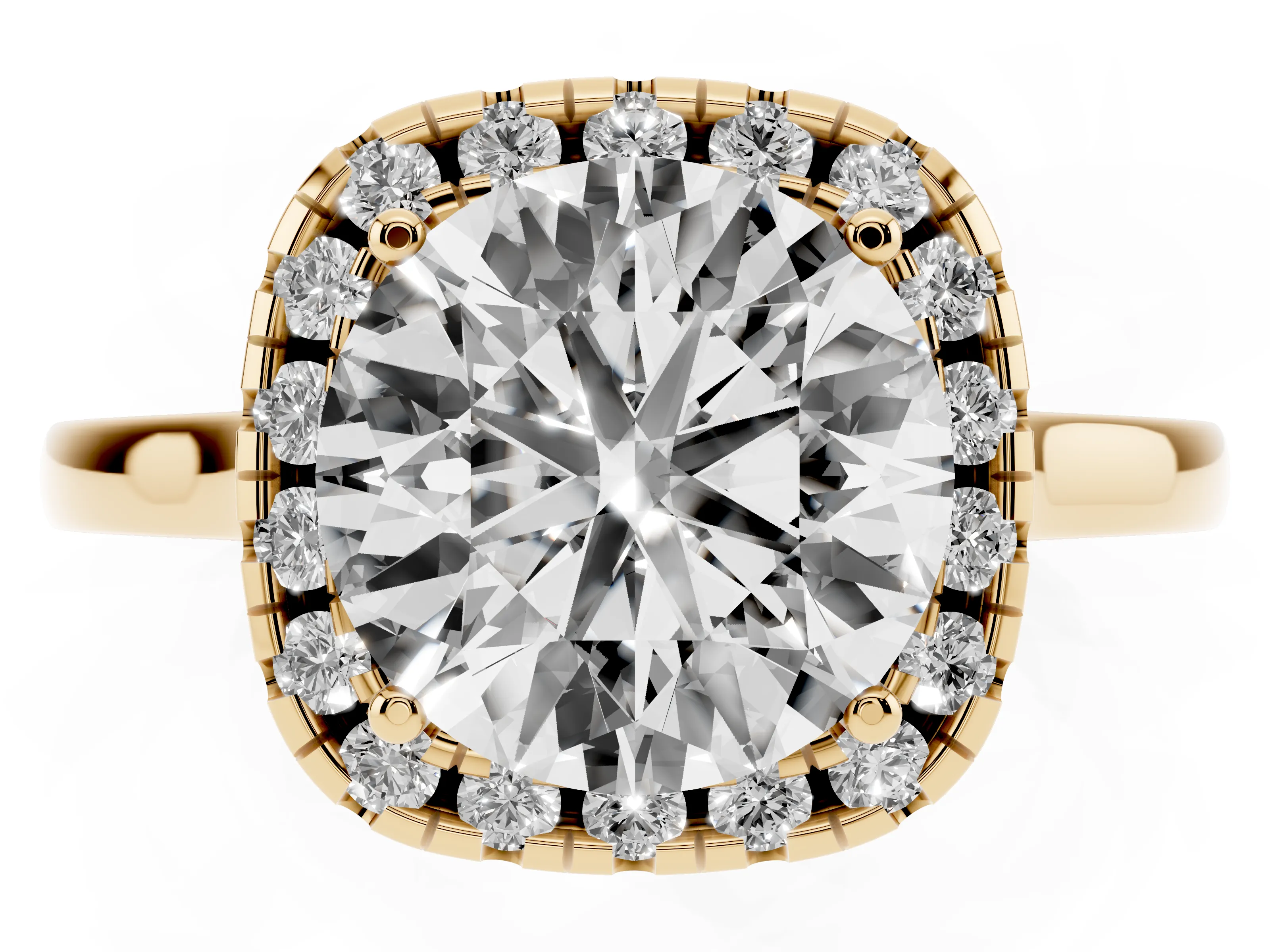 Round Cut Halo Round Diamond Solitaire Ring Set in Yellow gold with Pavé Band and Prong Setting