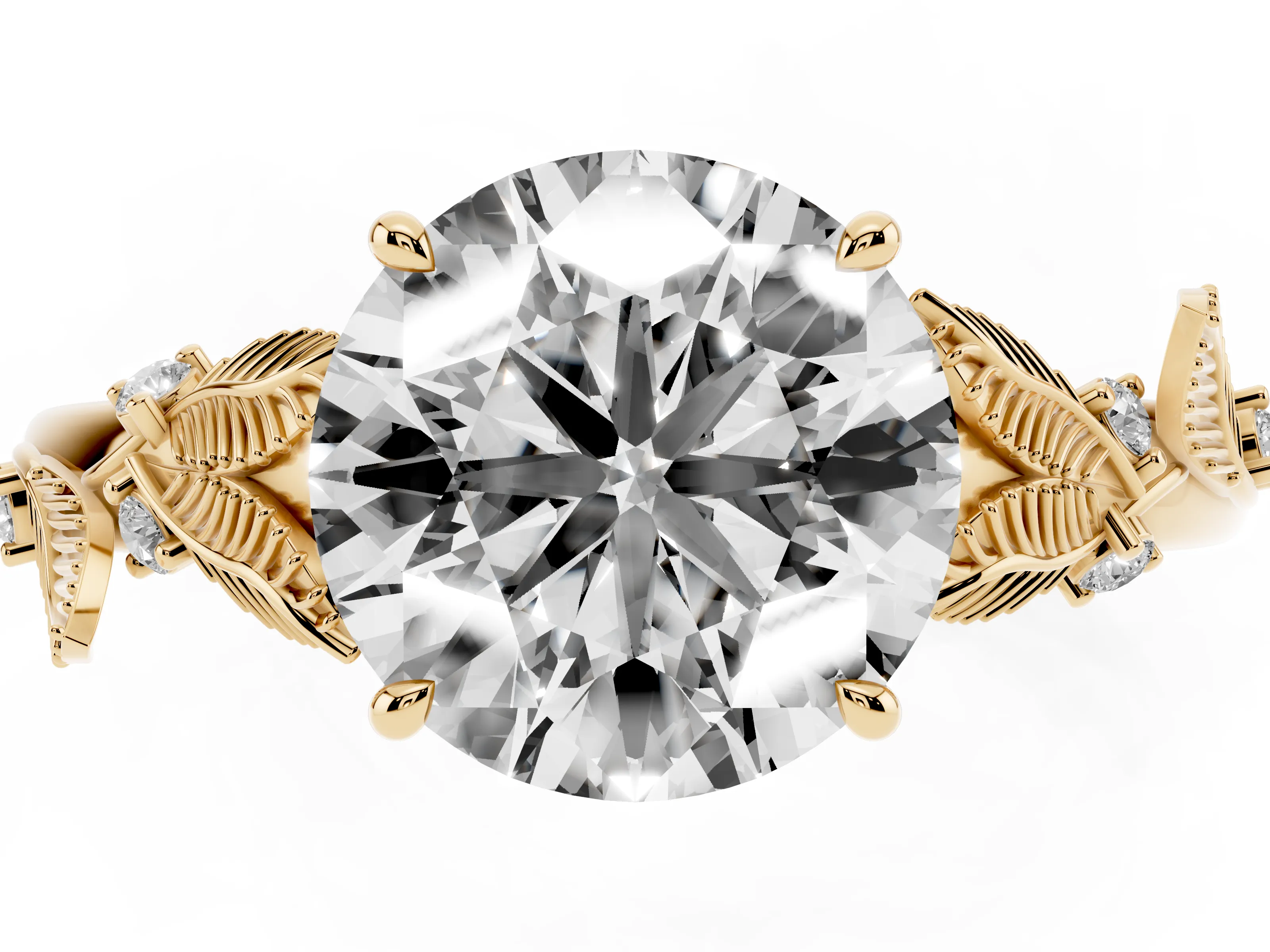 Round Cut Diamond Solitaire Ring Set in Yellow gold with Leaf Motif Band