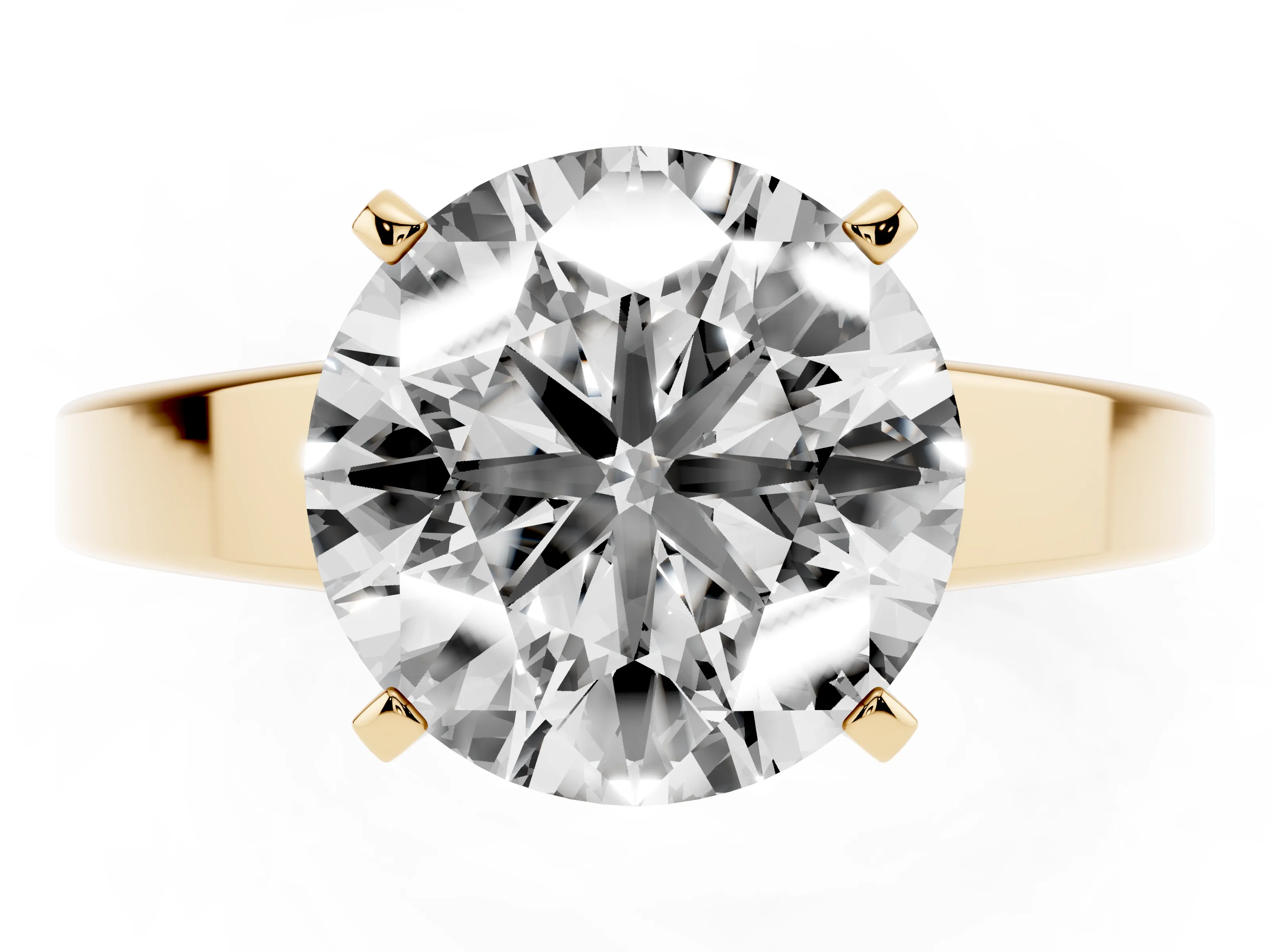 Round Cut Diamond Solitaire Engagement Ring Set in Yellow gold with Prong Setting and Tapered Band