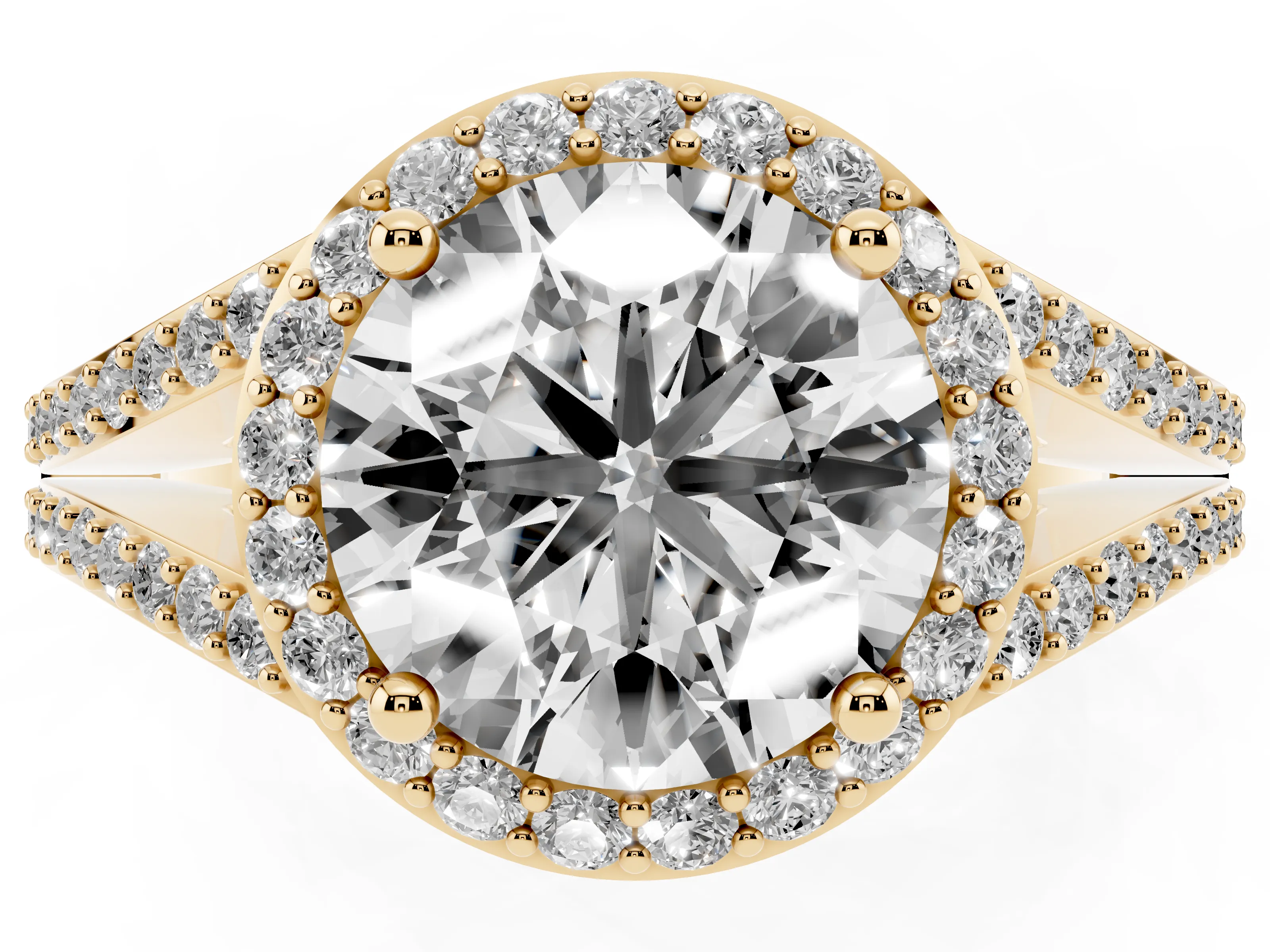 Round Cut Diamond Halo Split Shank Ring Set in Yellow gold with Accent Stones and Prong Setting