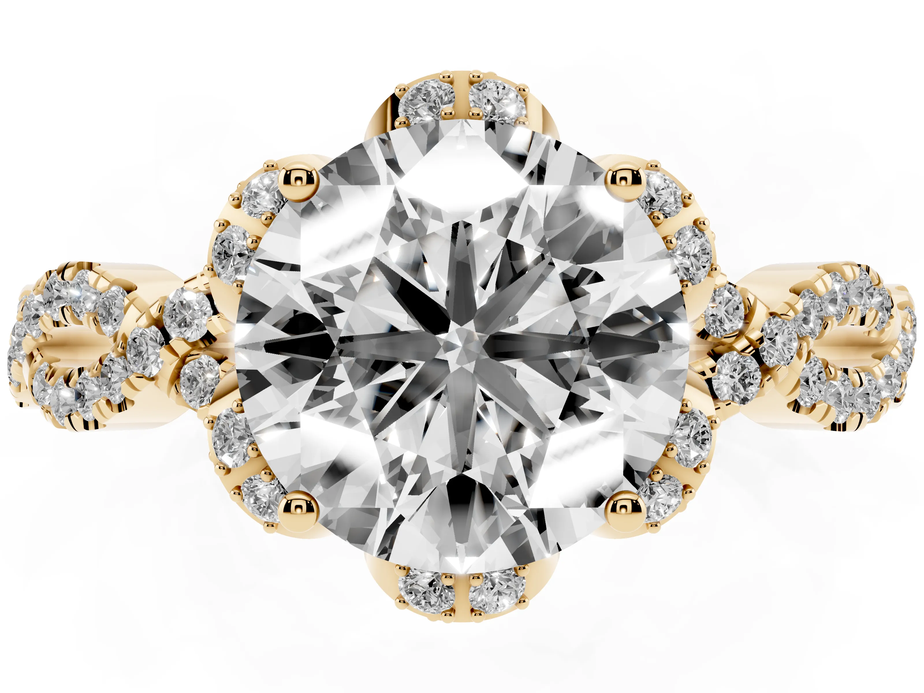 Round Cut Diamond Halo Twist Band Solitaire Ring Set in Yellow gold with Prong-Set Center Stone