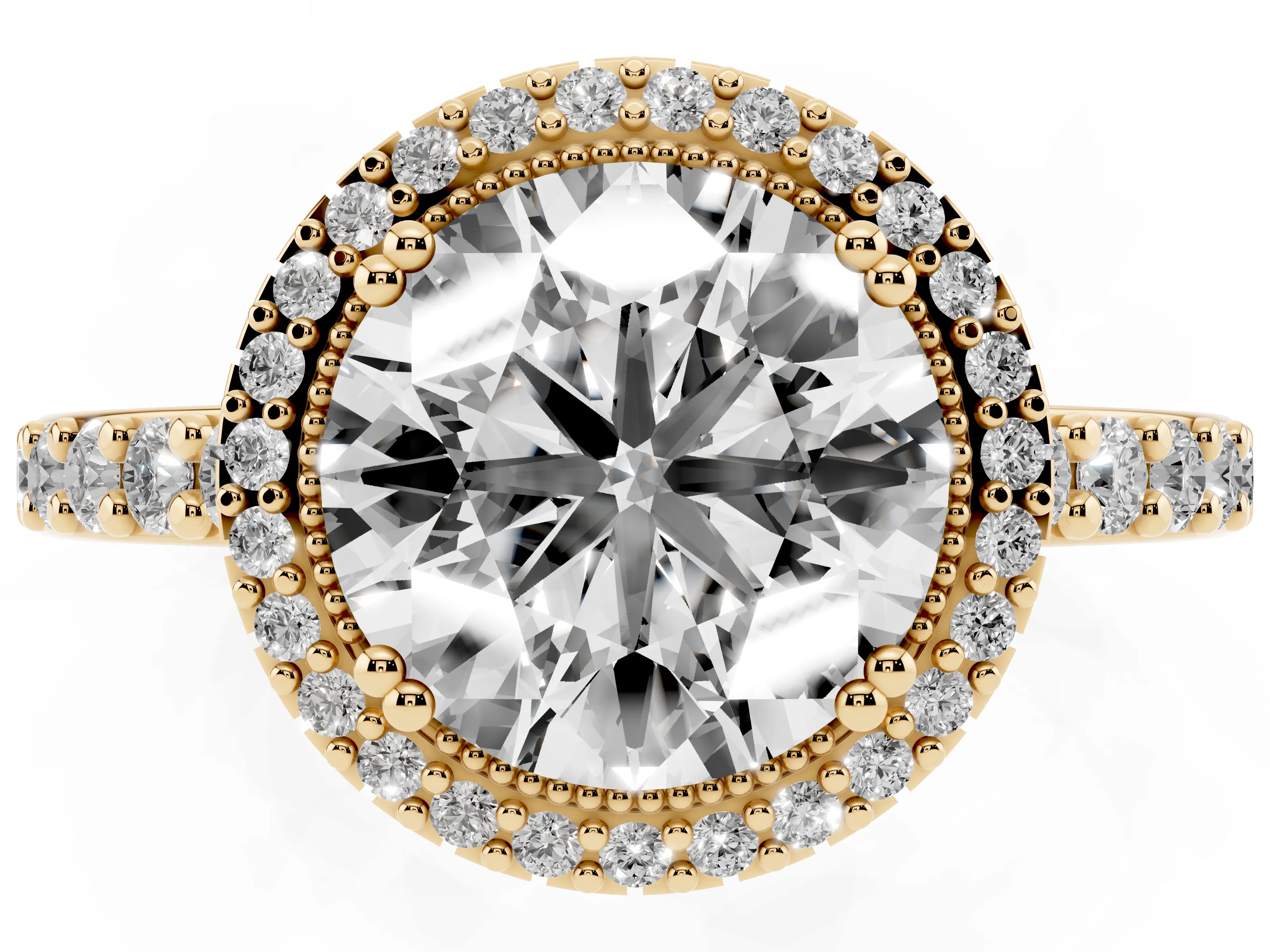 Round Cut Diamond Halo Engagement Ring Set in Yellow gold with Milgrain Detail and Pavé Band