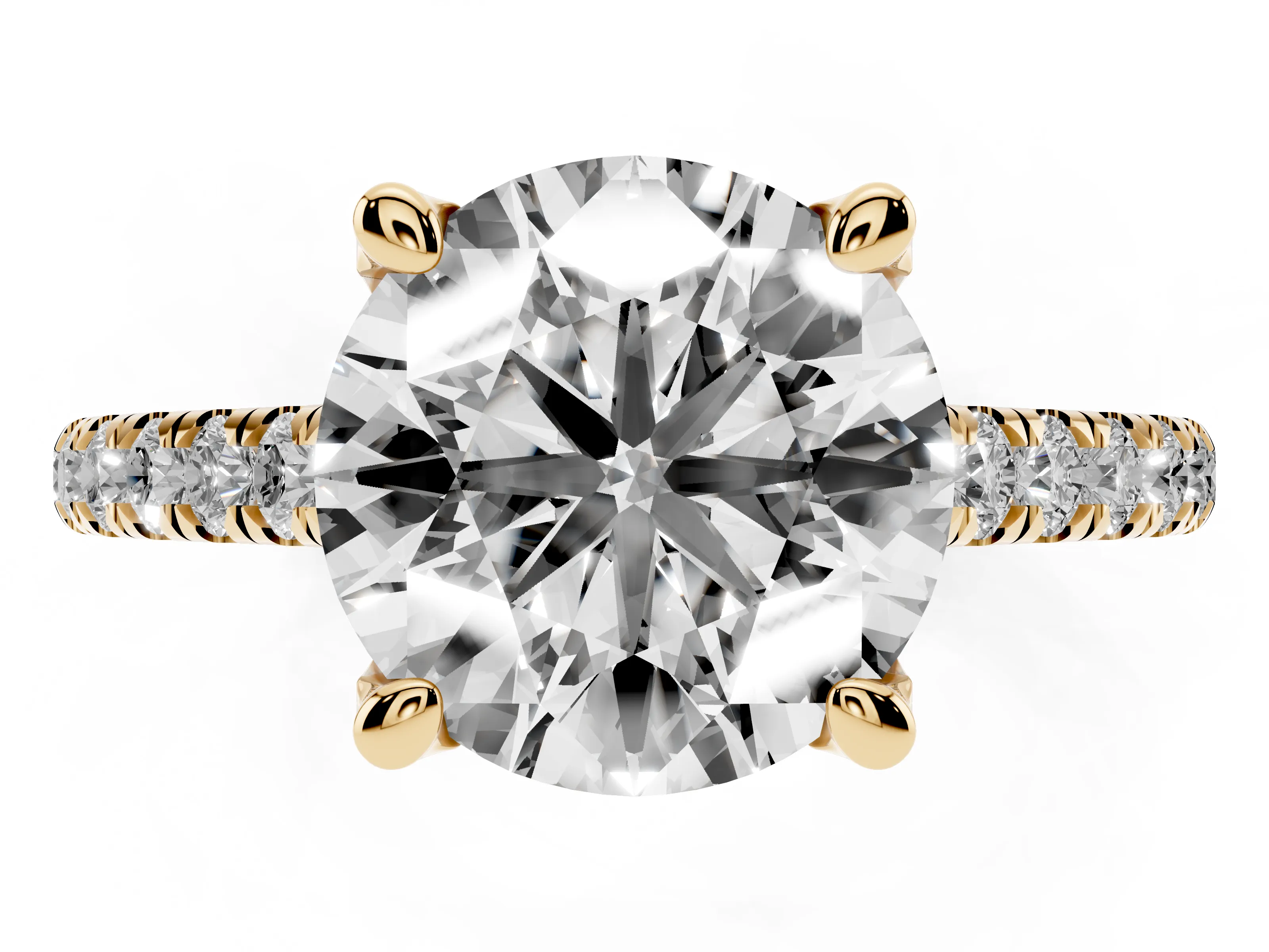 Round Cut Diamond Solitaire Ring Set in Yellow gold with Brilliant Pavé Band and Prong Setting