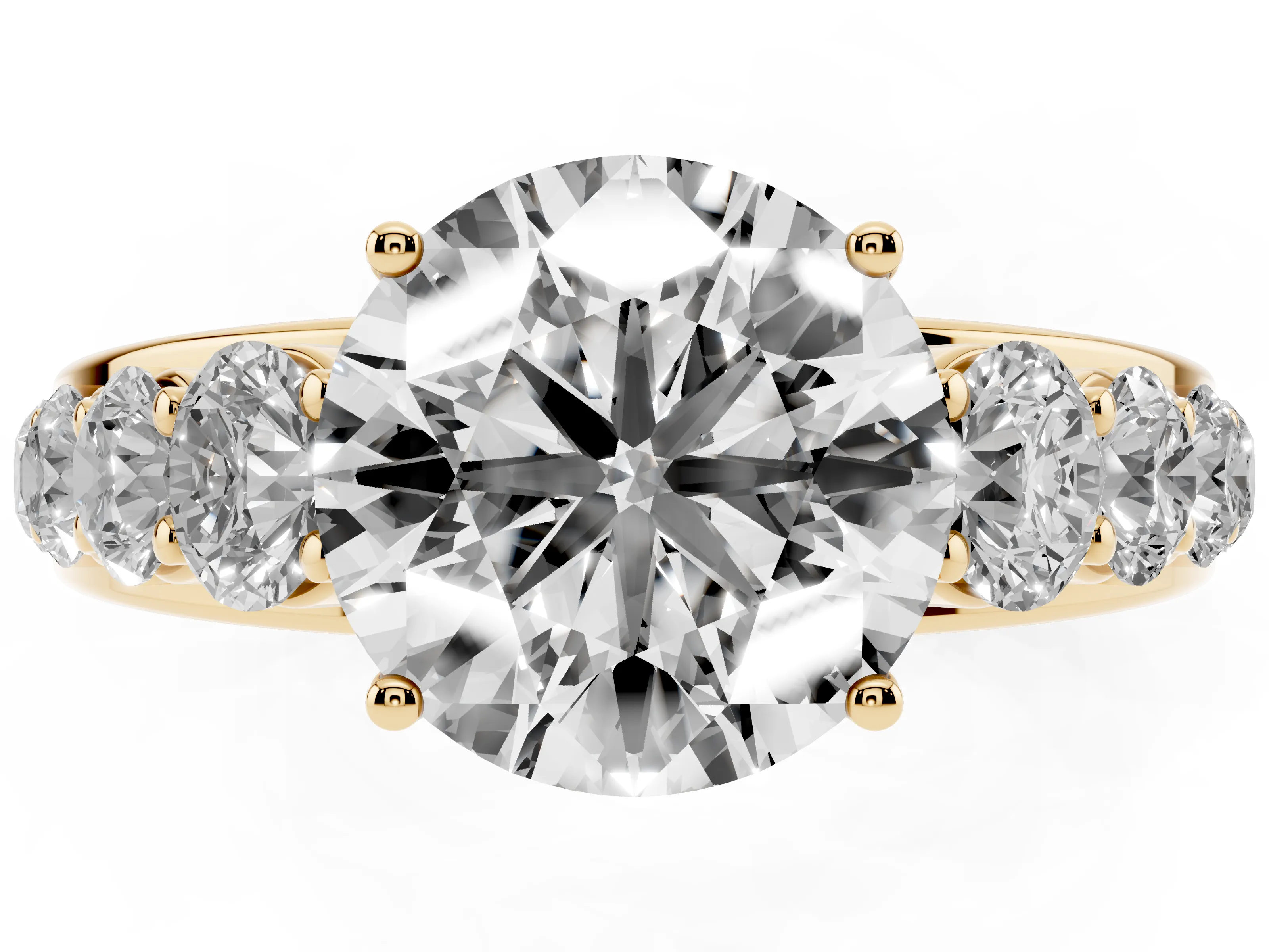 Round Cut Diamond Solitaire Ring Set in Yellow gold with Pavé-Set Band and Prong Setting
