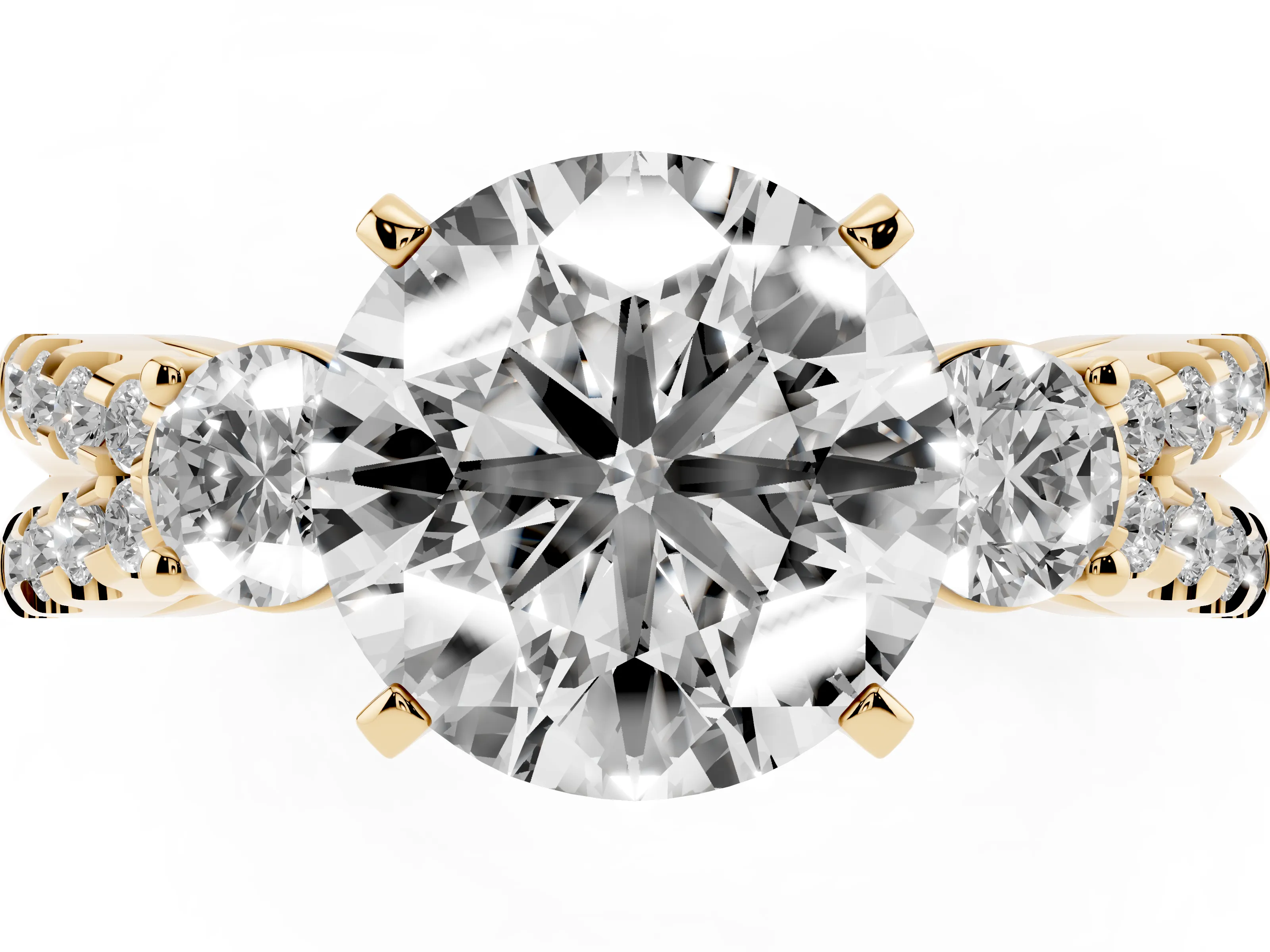 Round Cut Diamond Three-Stone Ring Set in Yellow gold with Pavé Split Shank and Prong Setting