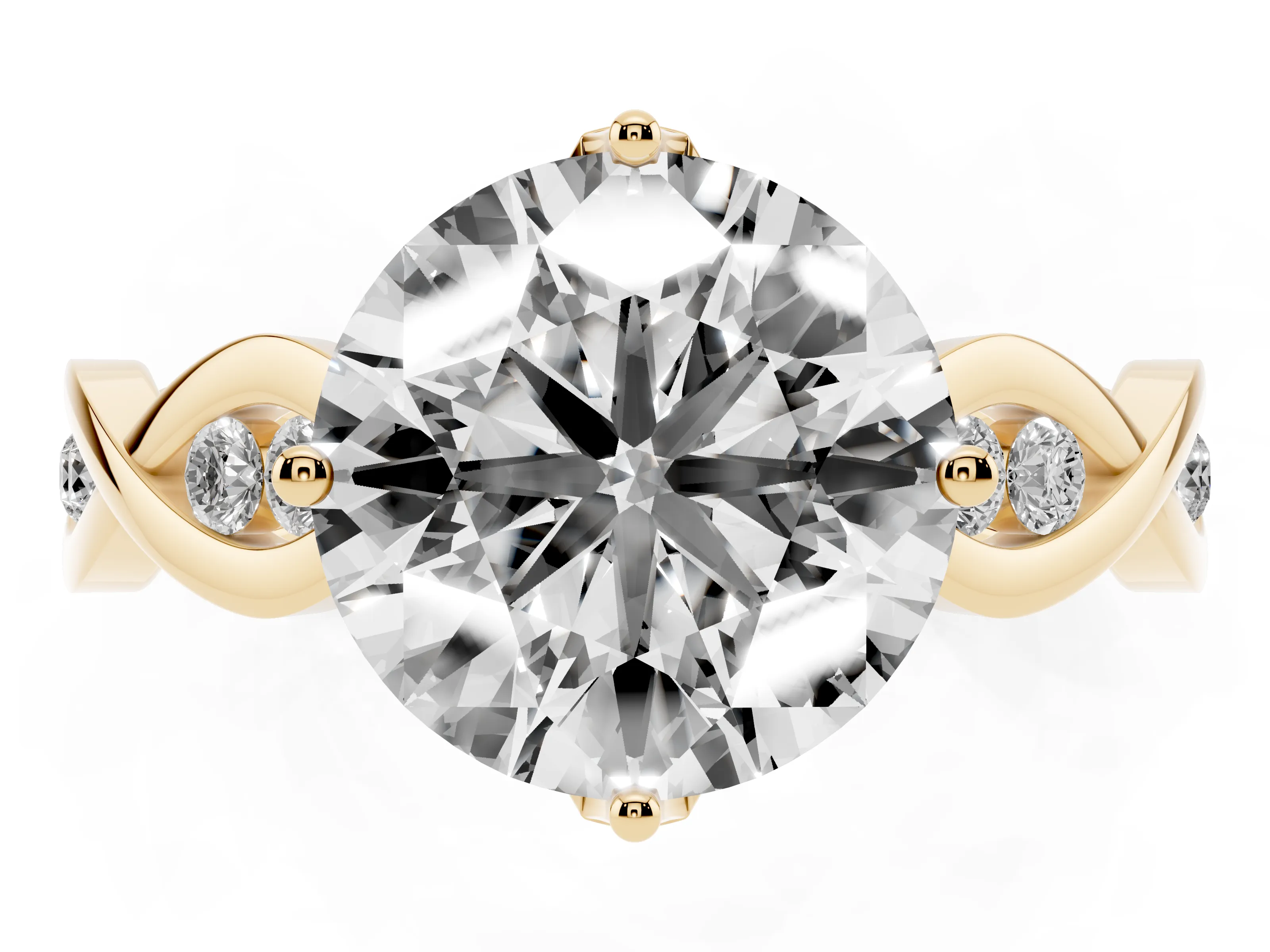 Round Cut Diamond Twist Band Solitaire Ring Set in Yellow gold with Leaf Prong Setting and Accent Stones
