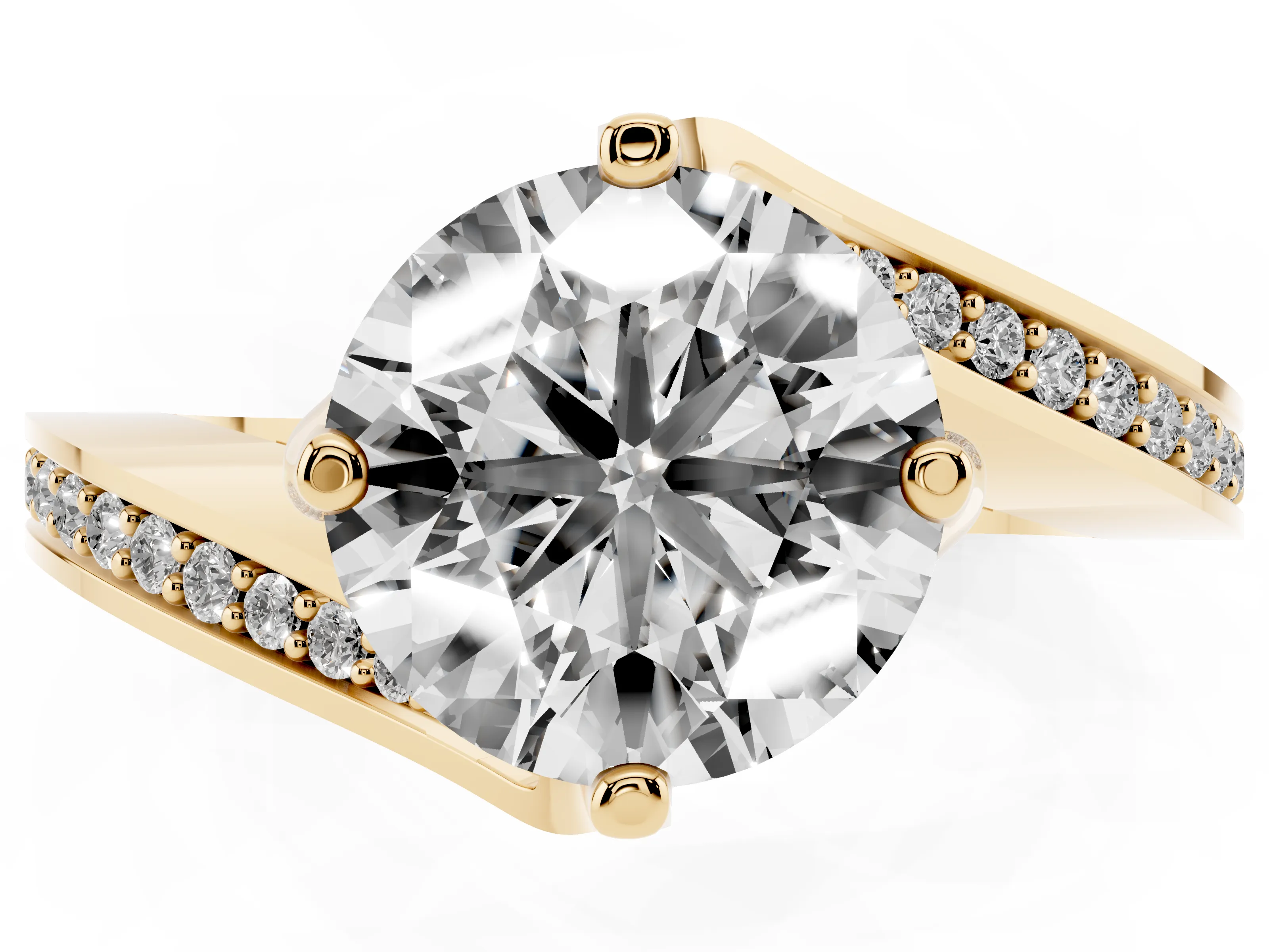 Round Cut Diamond Solitaire Ring Set in Yellow gold with Intertwined Pavé Twist Band