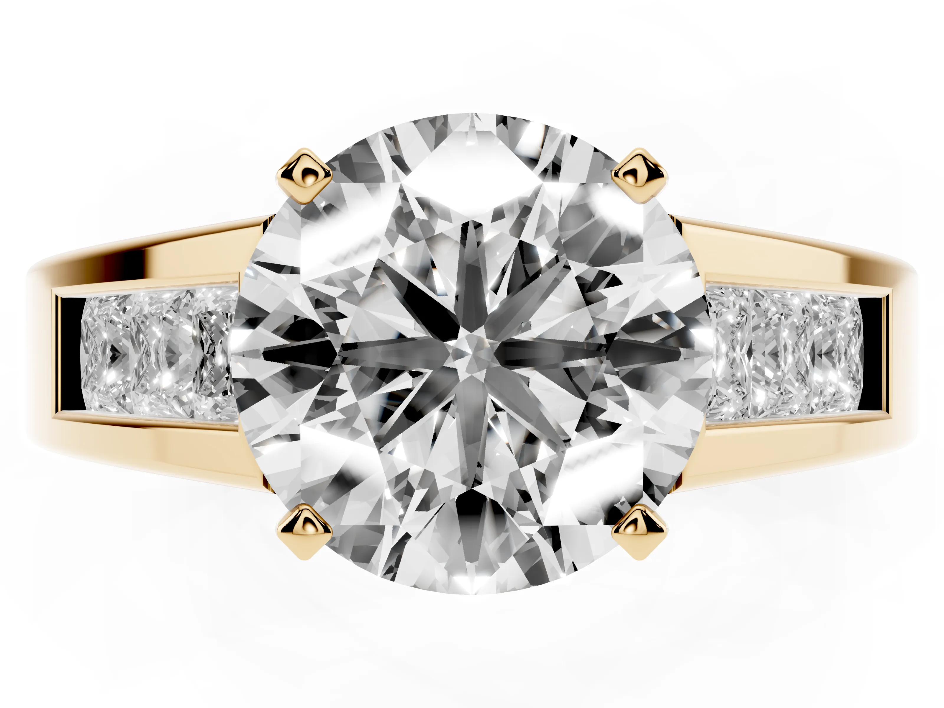 Round Cut Diamond Solitaire Ring Set in Yellow gold with Channel-Set Accent Stones and Prong Setting