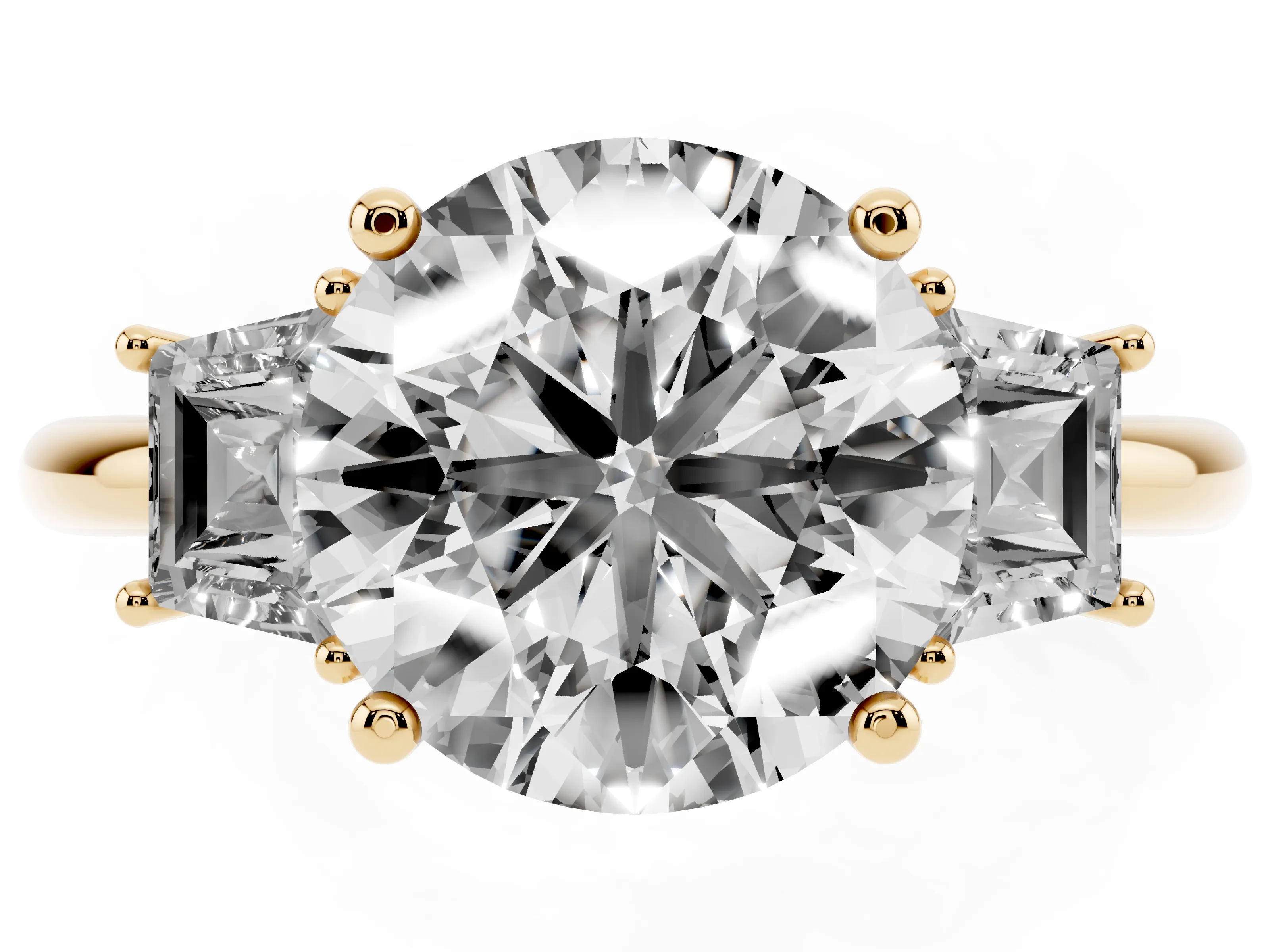 Round Cut Diamond Three-Stone Ring Set in Yellow gold with Trapezoid Side Stones and Prong Setting