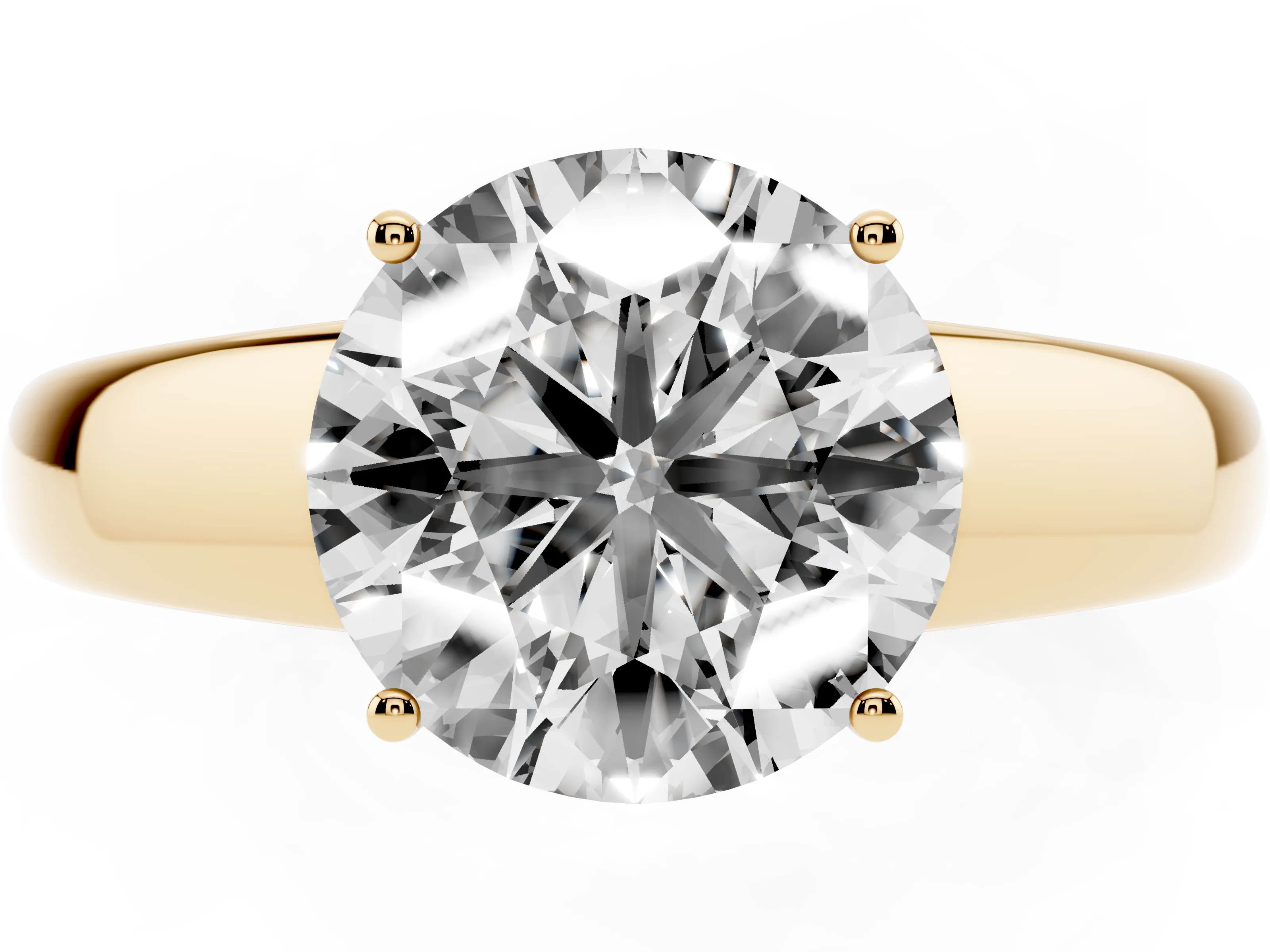 Round Cut Diamond Solitaire Ring Set in Yellow gold with Tapered Band and Prong Setting