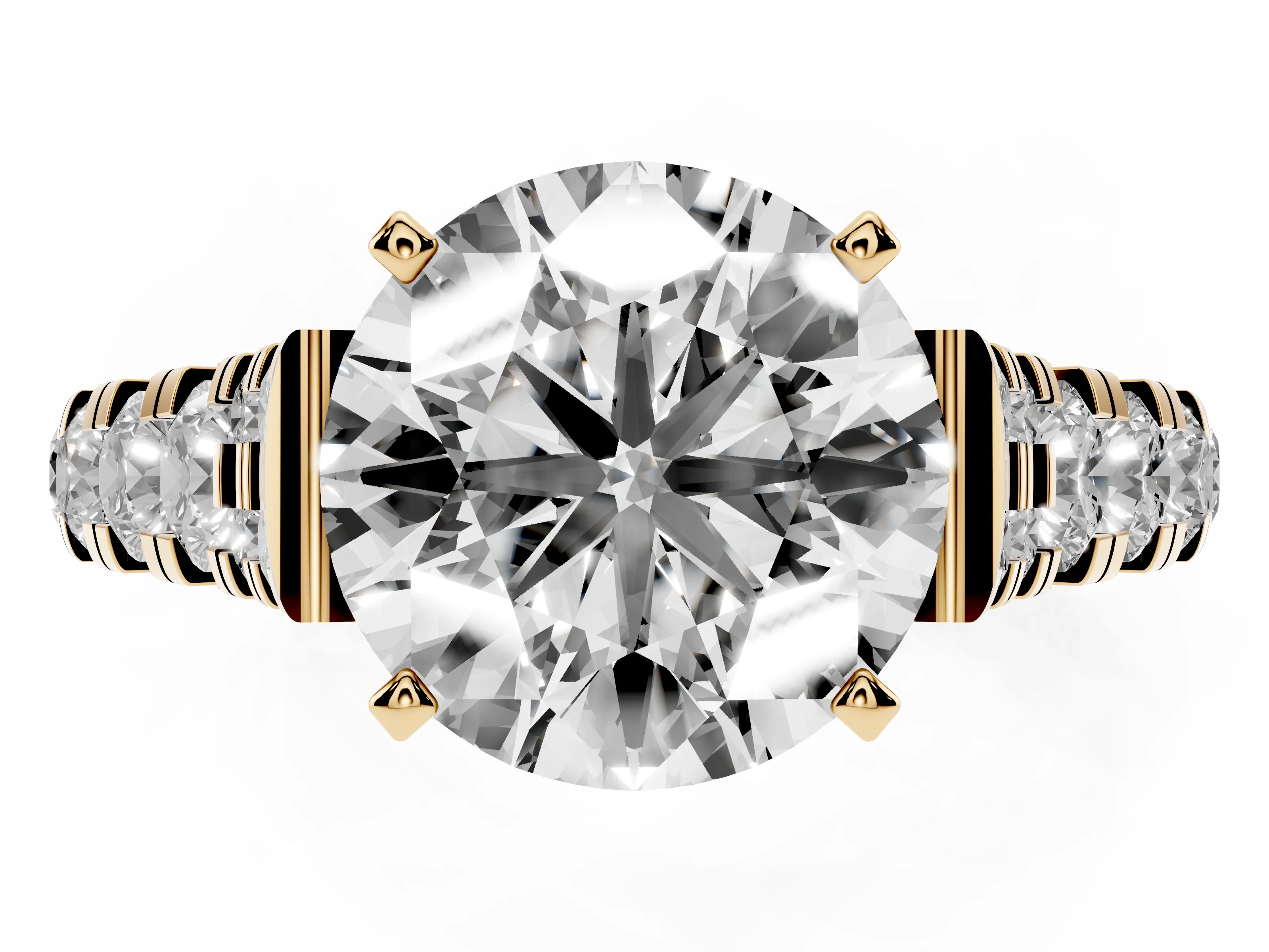 Round Cut Diamond Classic Solitaire Ring Set in Yellow gold with Pavé Band and Prong Setting
