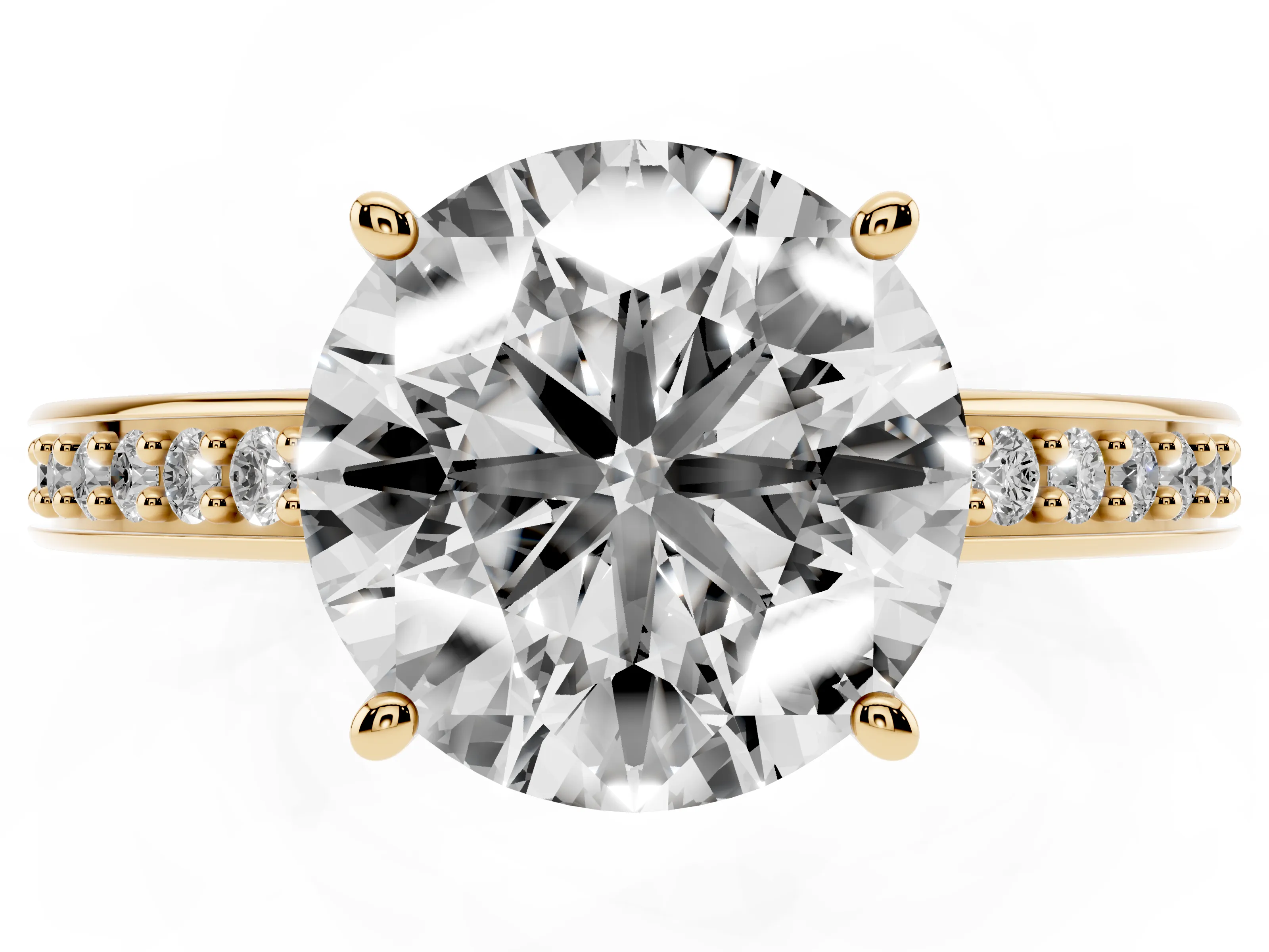 Round Cut Diamond Pavé Band Prong Set Solitaire Ring Set in Yellow gold