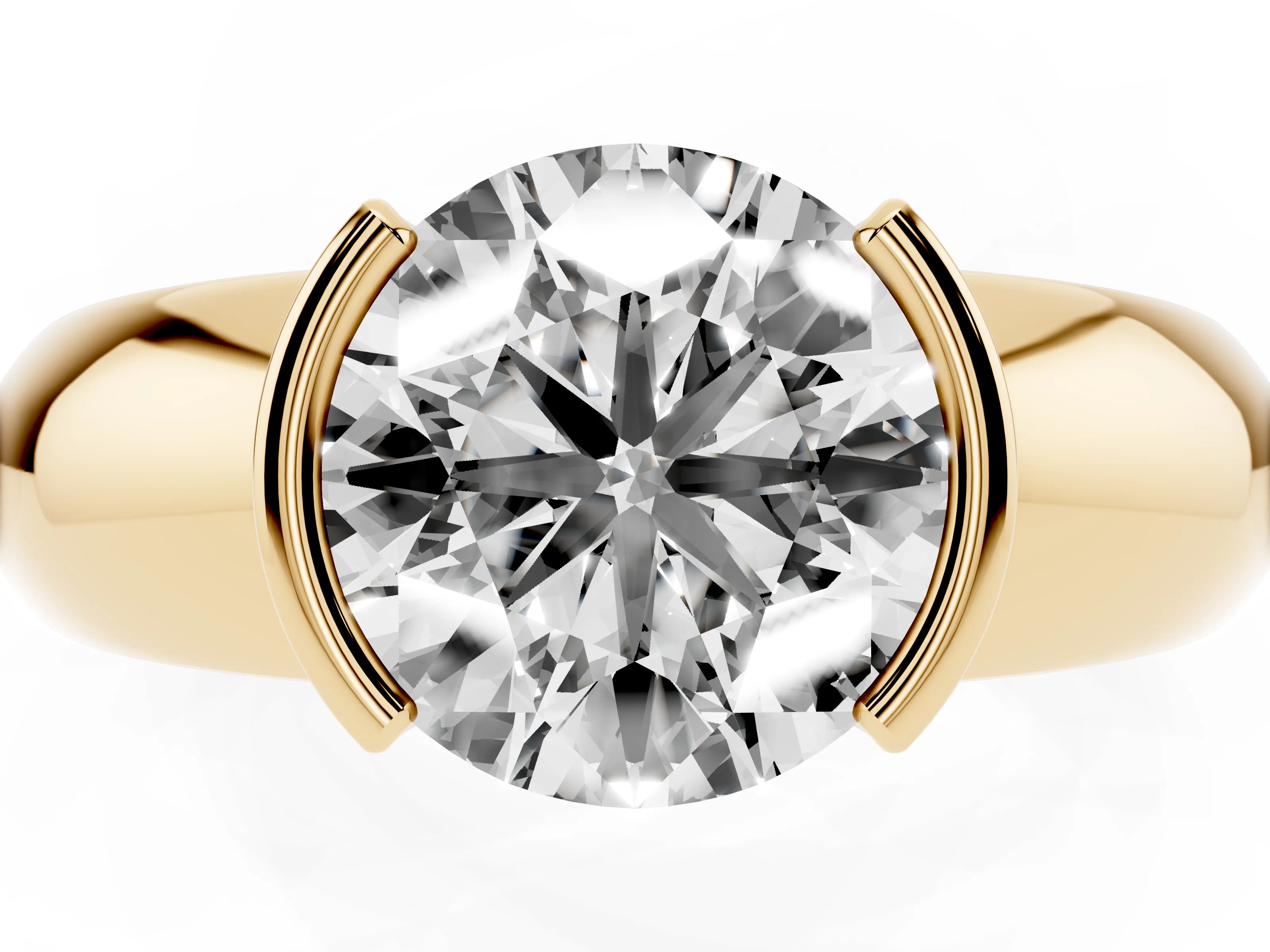 Round Cut Diamond Solitaire Tension Set Ring Set in Yellow gold with Wide Band