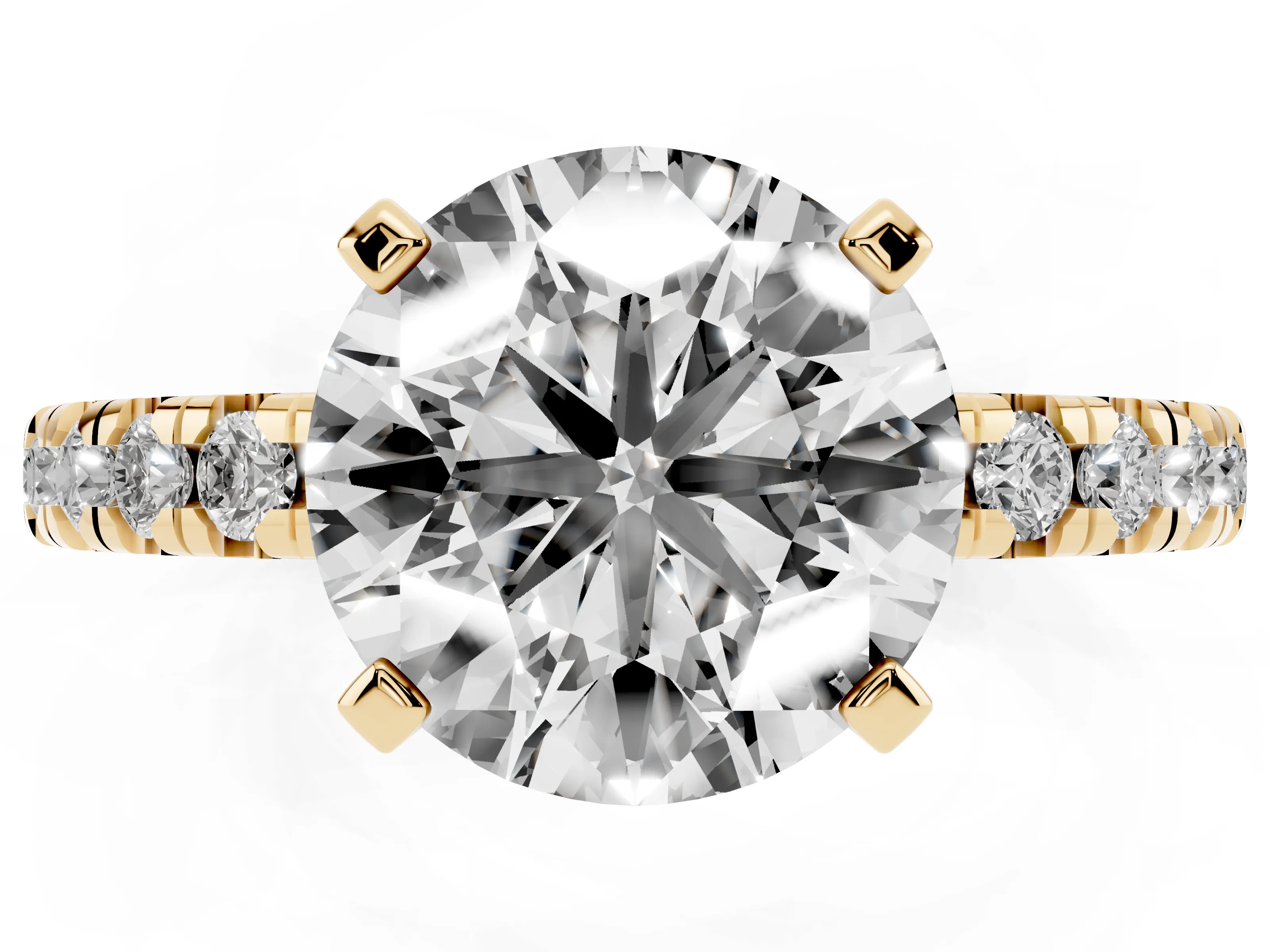 Round Cut Diamond Solitaire Pavé Engagement Ring Set in Yellow gold with Round Band and Prong Setting