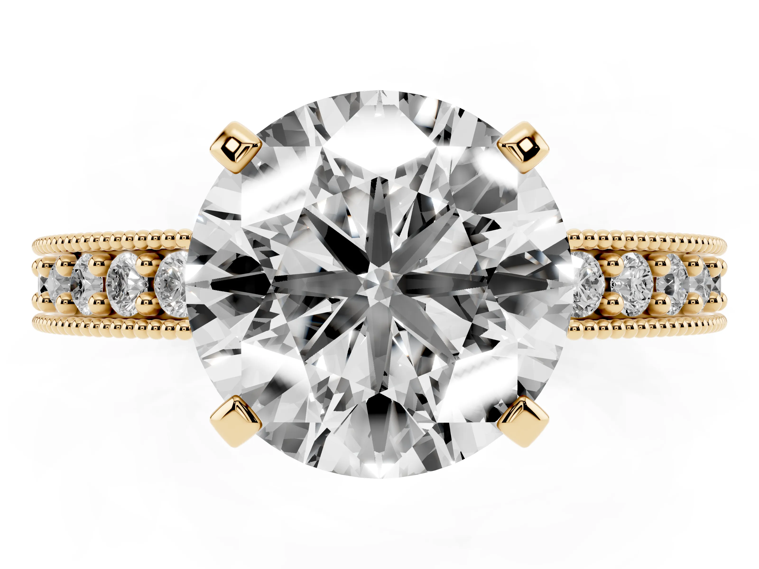 Round Cut Diamond Milgrain Pavé Engagement Ring Set in Yellow gold with Prong Setting