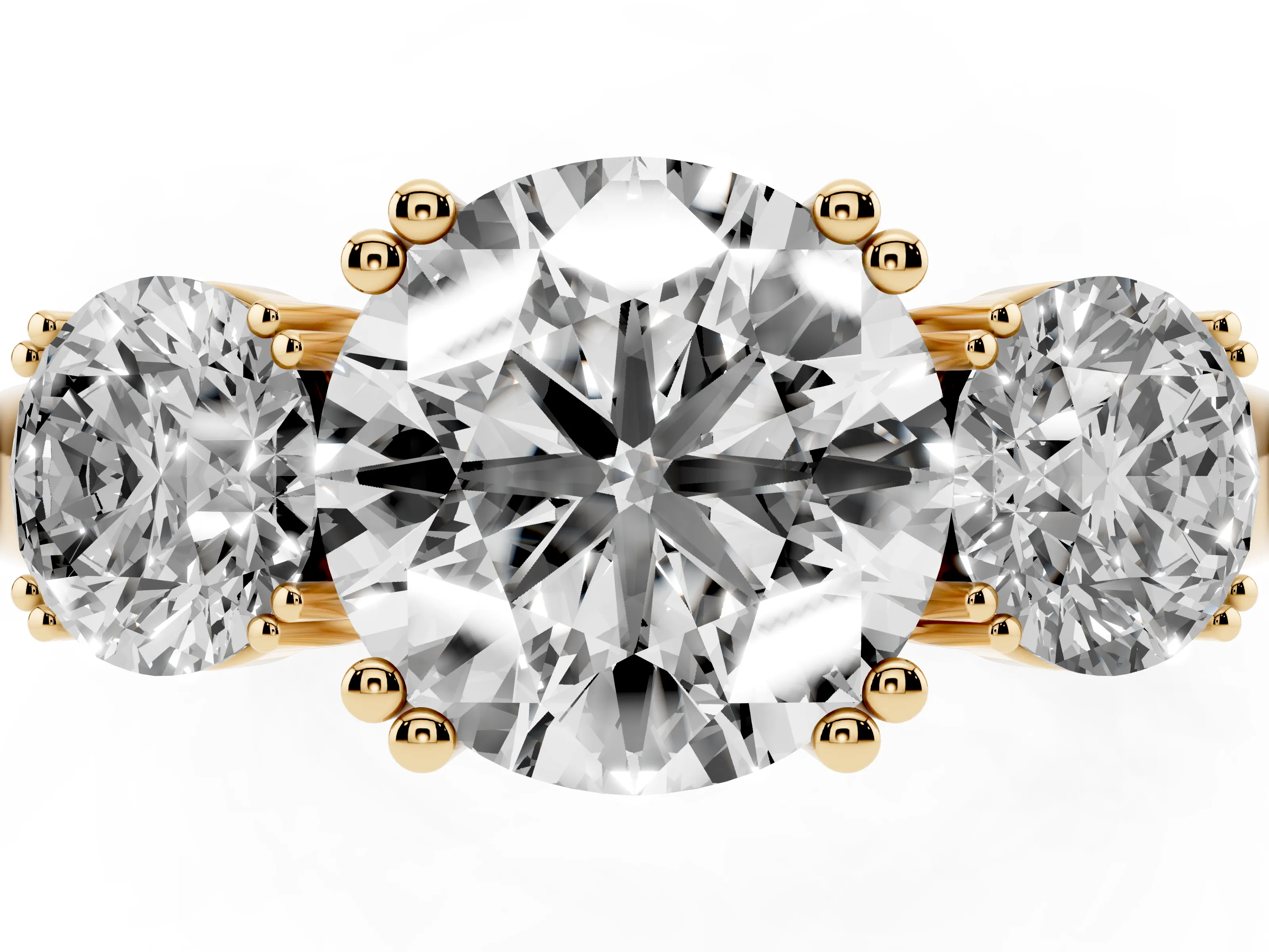 Round Cut Diamond Three-Stone Ring Set in Yellow gold with Polished Channel-Set Band