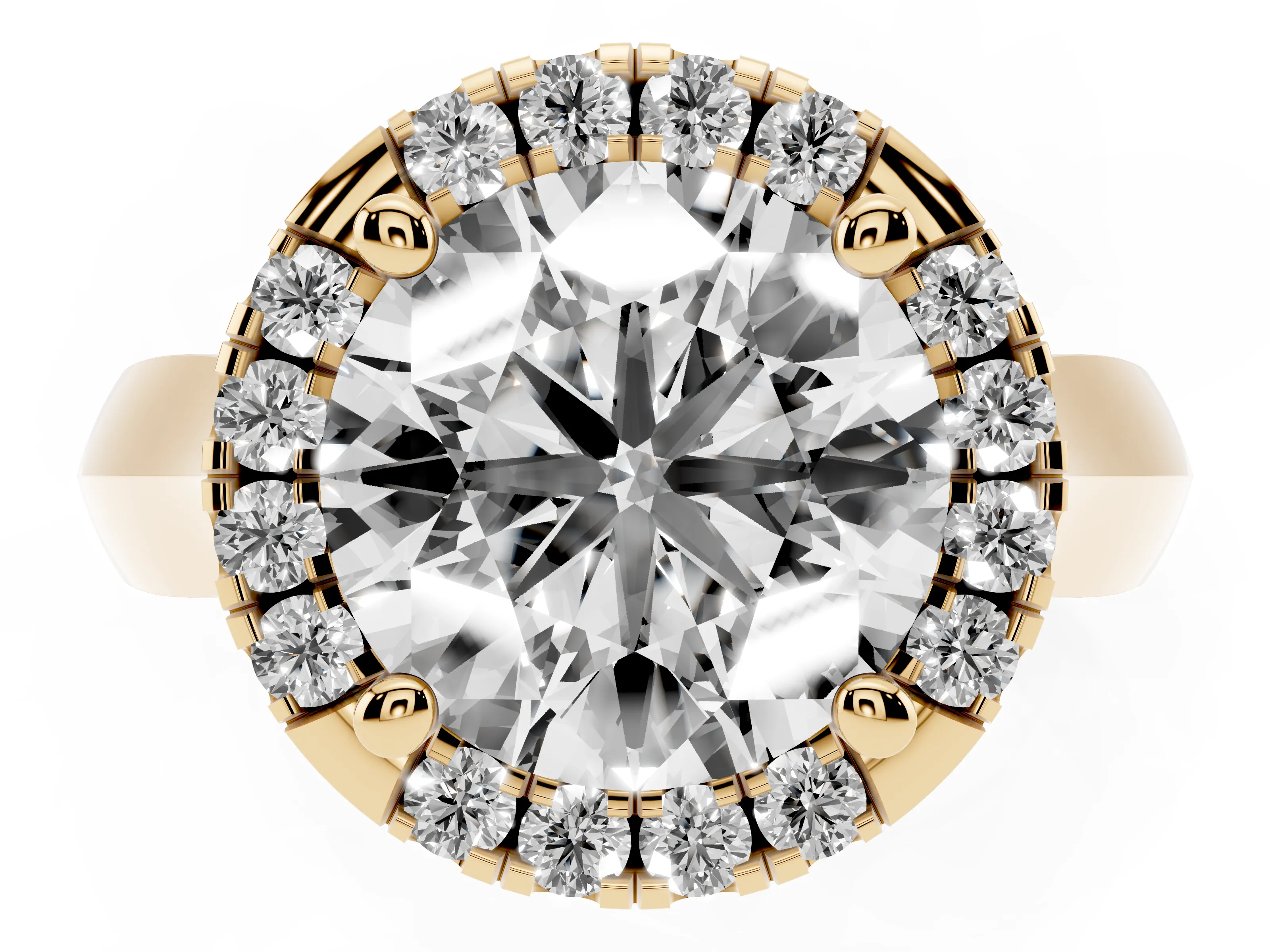 Round Cut Diamond Halo Solitaire Engagement Ring Set in Yellow gold with Square Band and Prong Setting