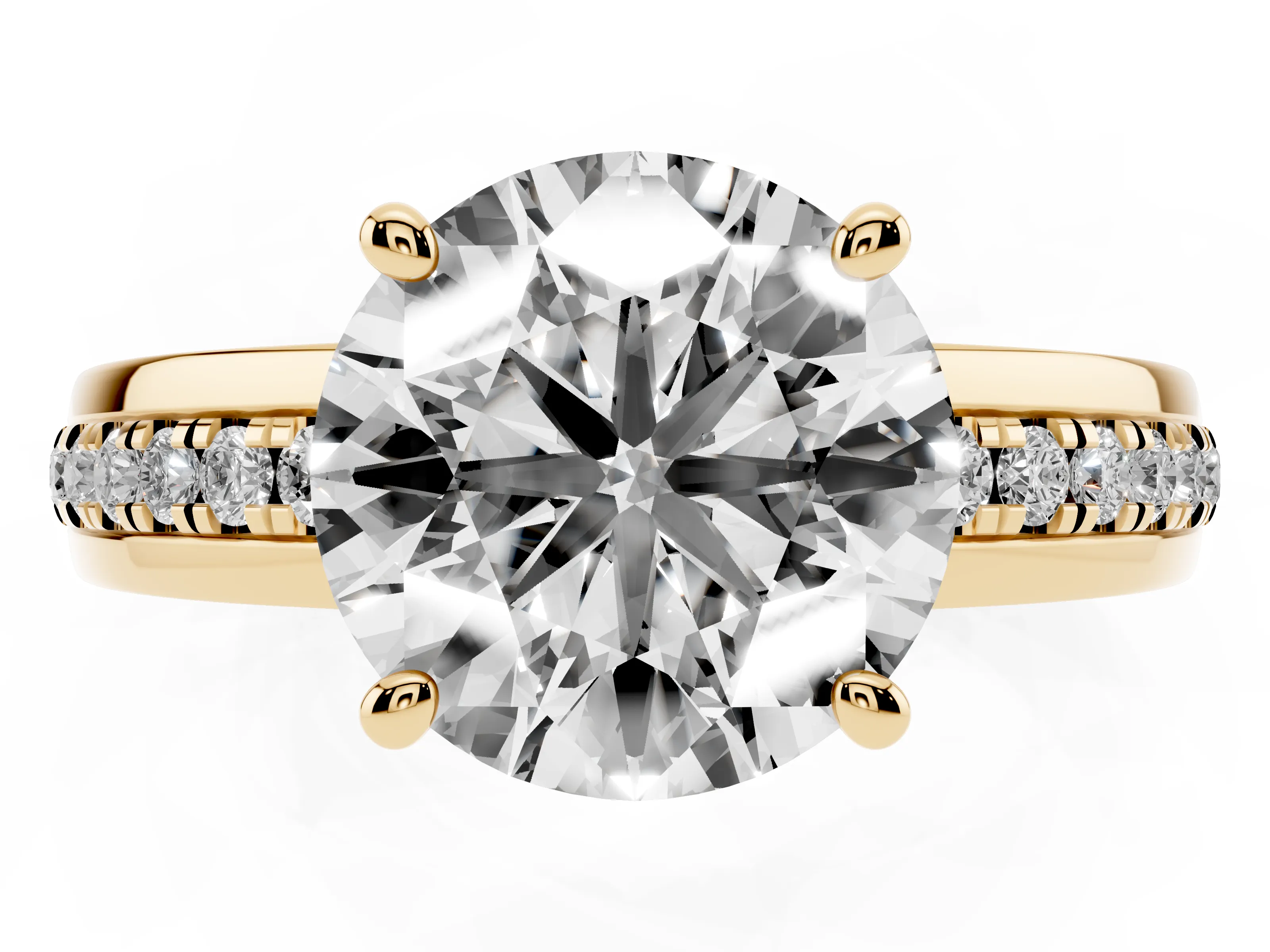 Round Cut Diamond Solitaire Ring Set in Yellow gold with Channel Set Band and Prong Setting