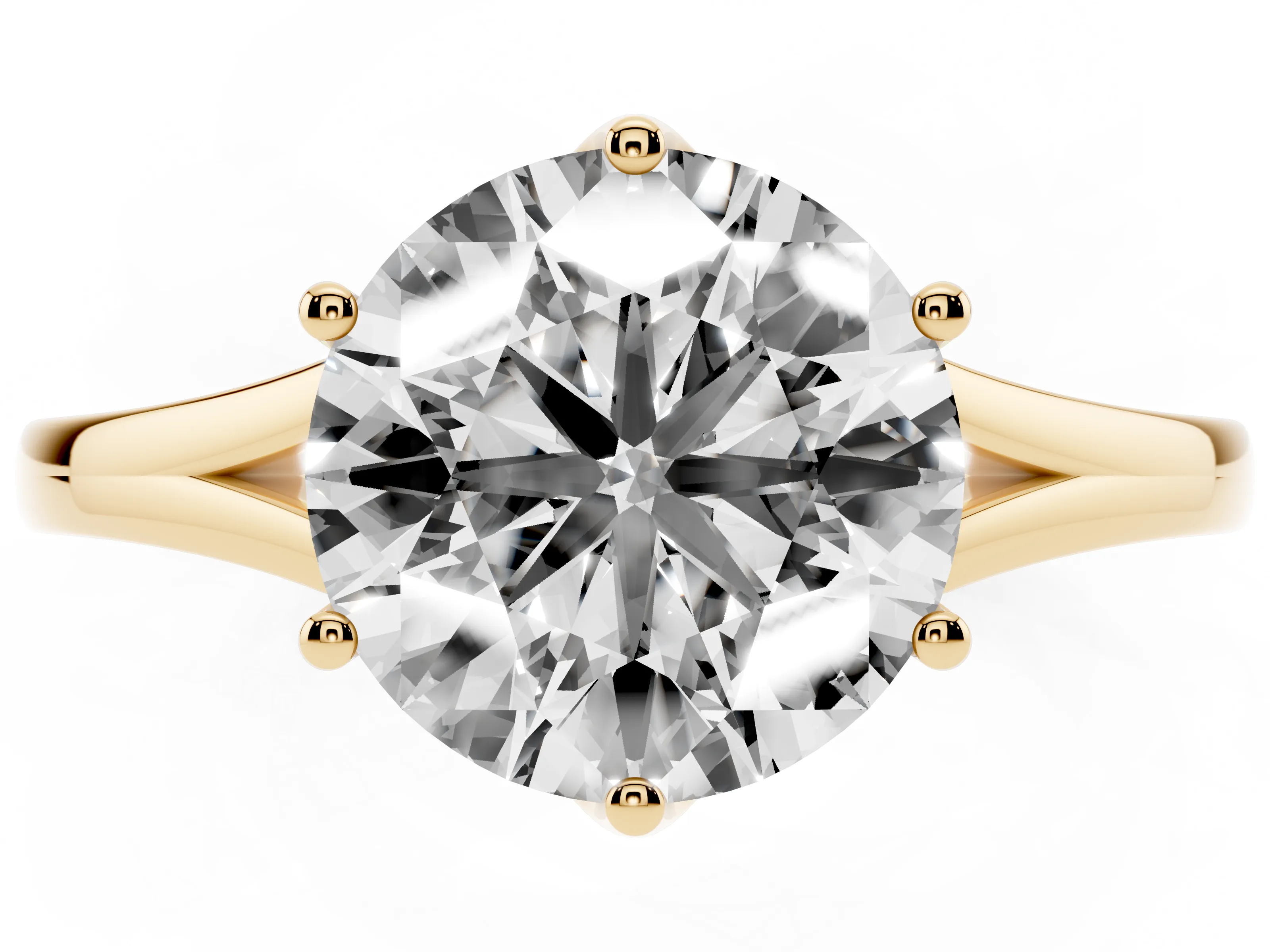 Round Cut Diamond Solitaire Ring Set in Yellow gold with Polished Tapered Band and Prong Setting