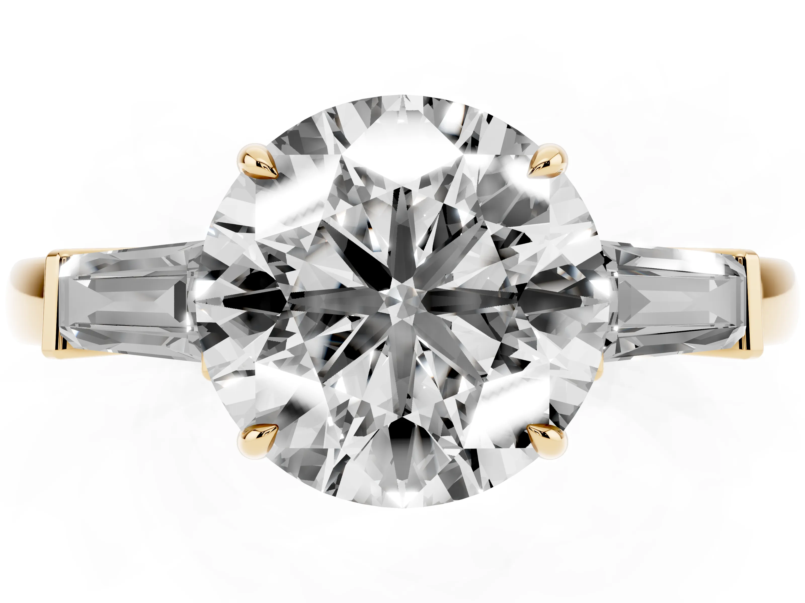 Round Cut Diamond Three-Stone Ring Set in Yellow gold with Tapered Baguette Side Stones and Prong Setting