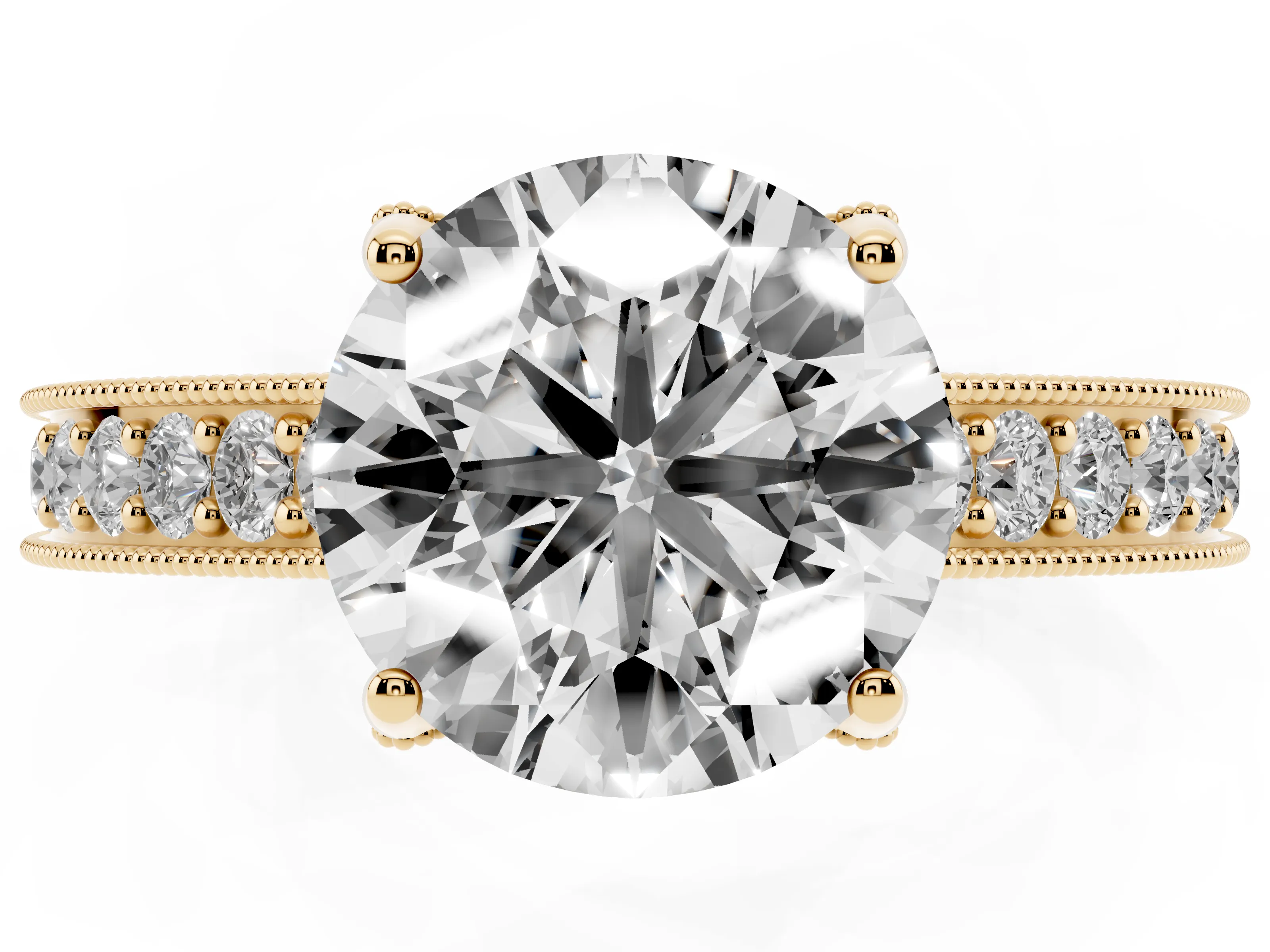 Round Cut Diamond Solitaire Ring Set in Yellow gold with Milgrain-Edged Pavé Band and Prong Setting
