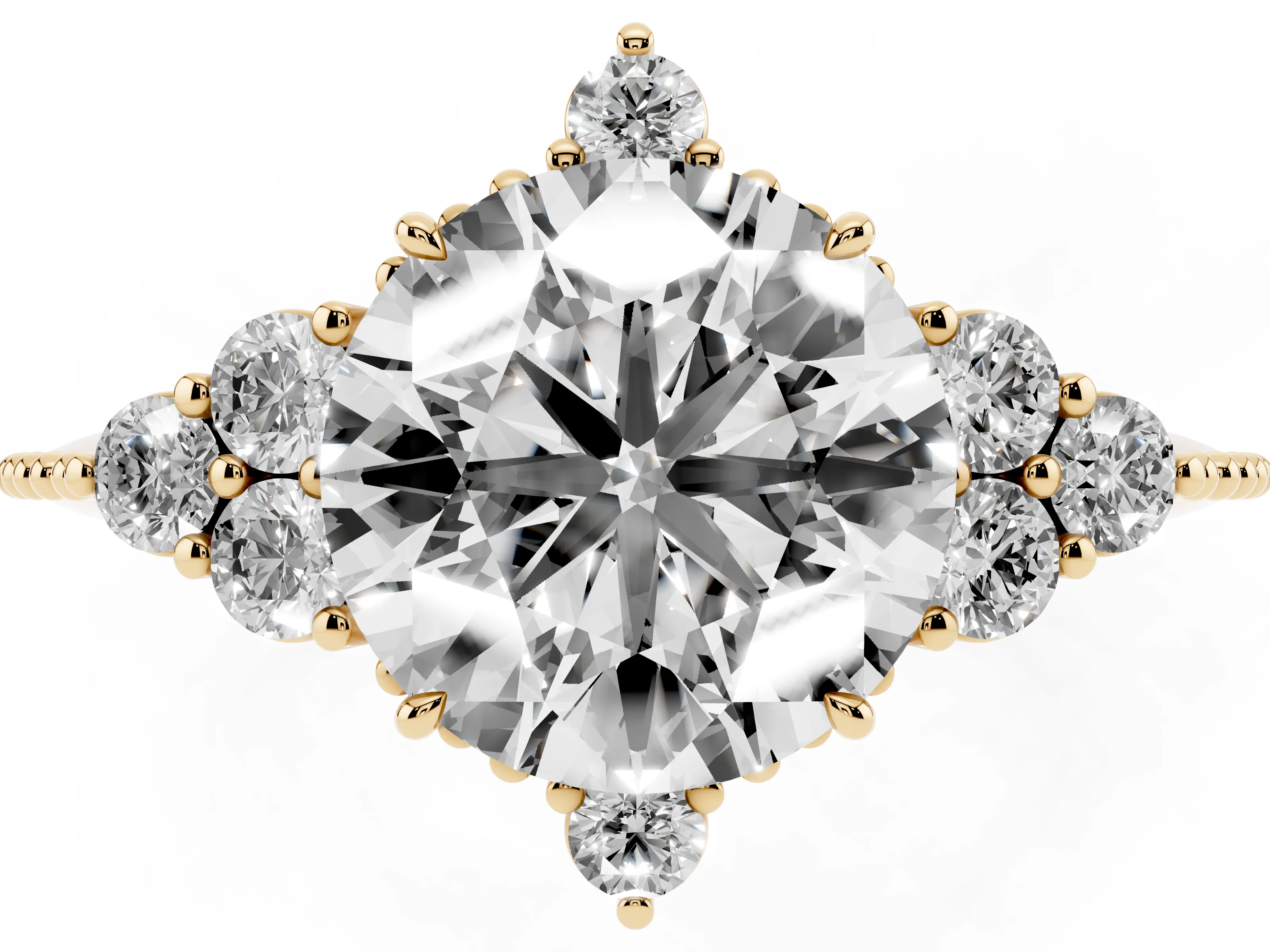 Round Cut Diamond Cluster Ring Set in Yellow gold with Beaded Band
