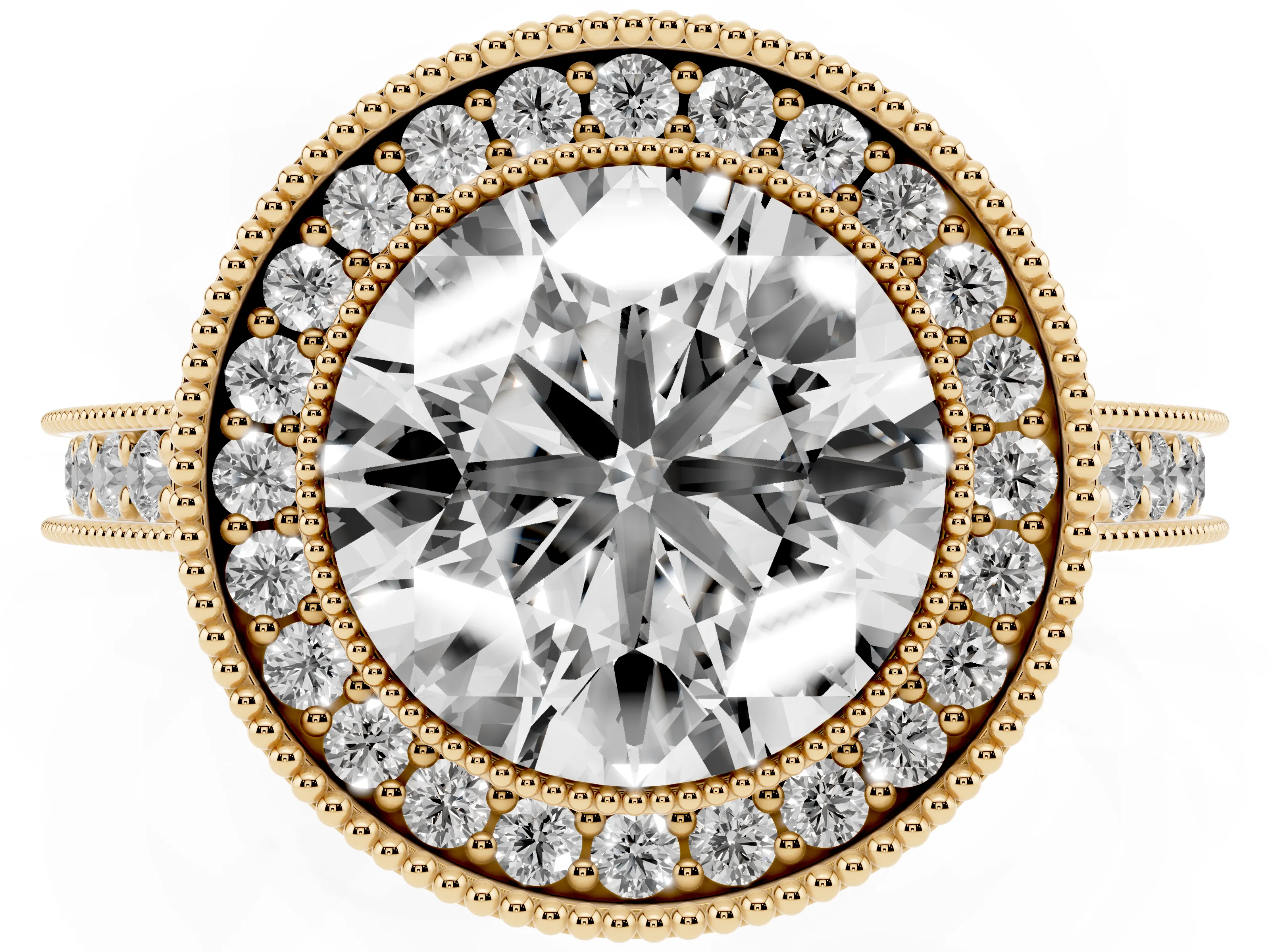 Round Cut Diamond Halo Milgrain Pavé Band Ring Set in Yellow gold with Prong Setting